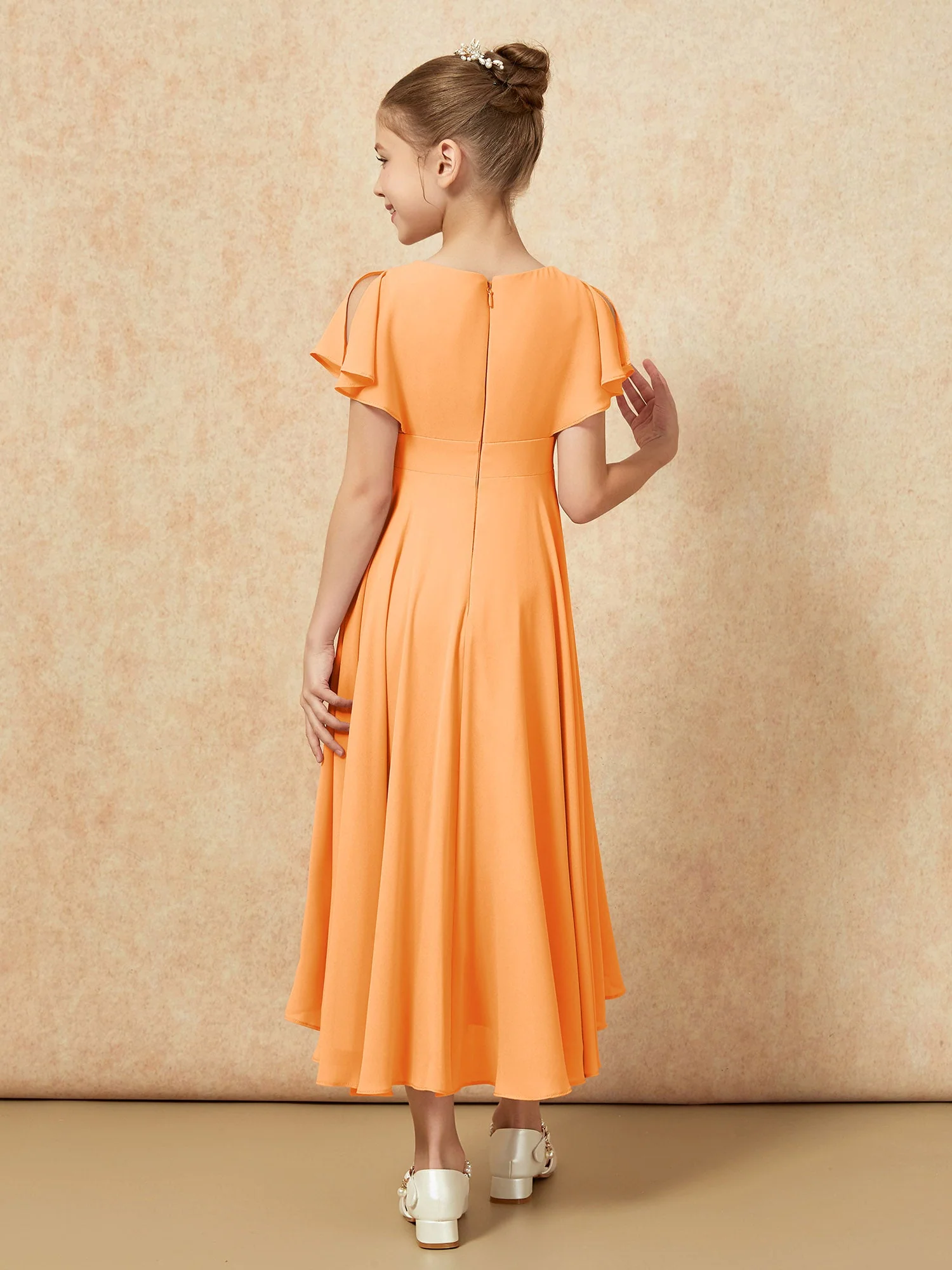 V-Ausschnitt Chiffon Asymmetrisch Junge Brautjungfernkleider Orange - Image 2