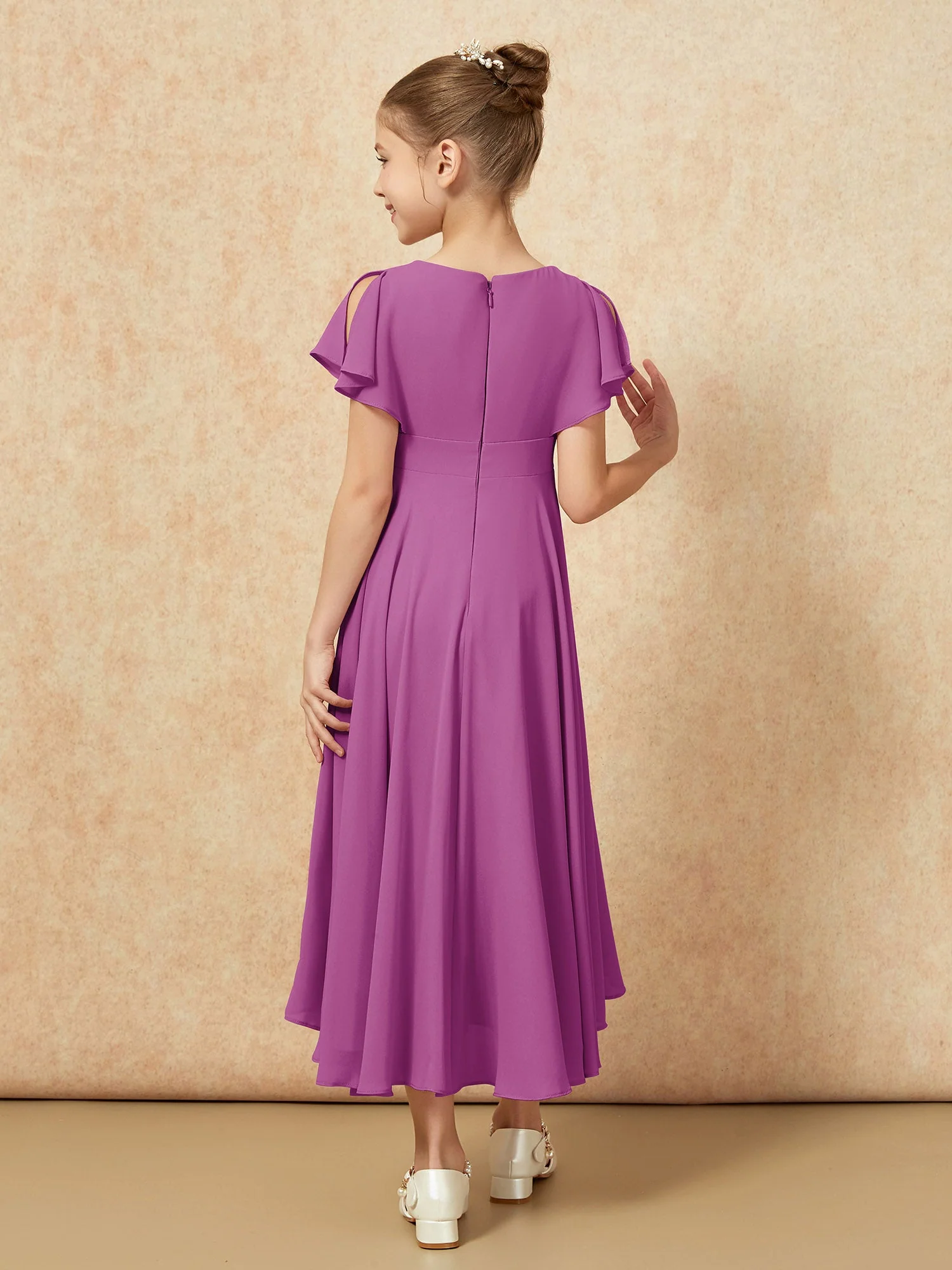 V-Ausschnitt Chiffon Asymmetrisch Junge Brautjungfernkleider Orchidee - Image 2