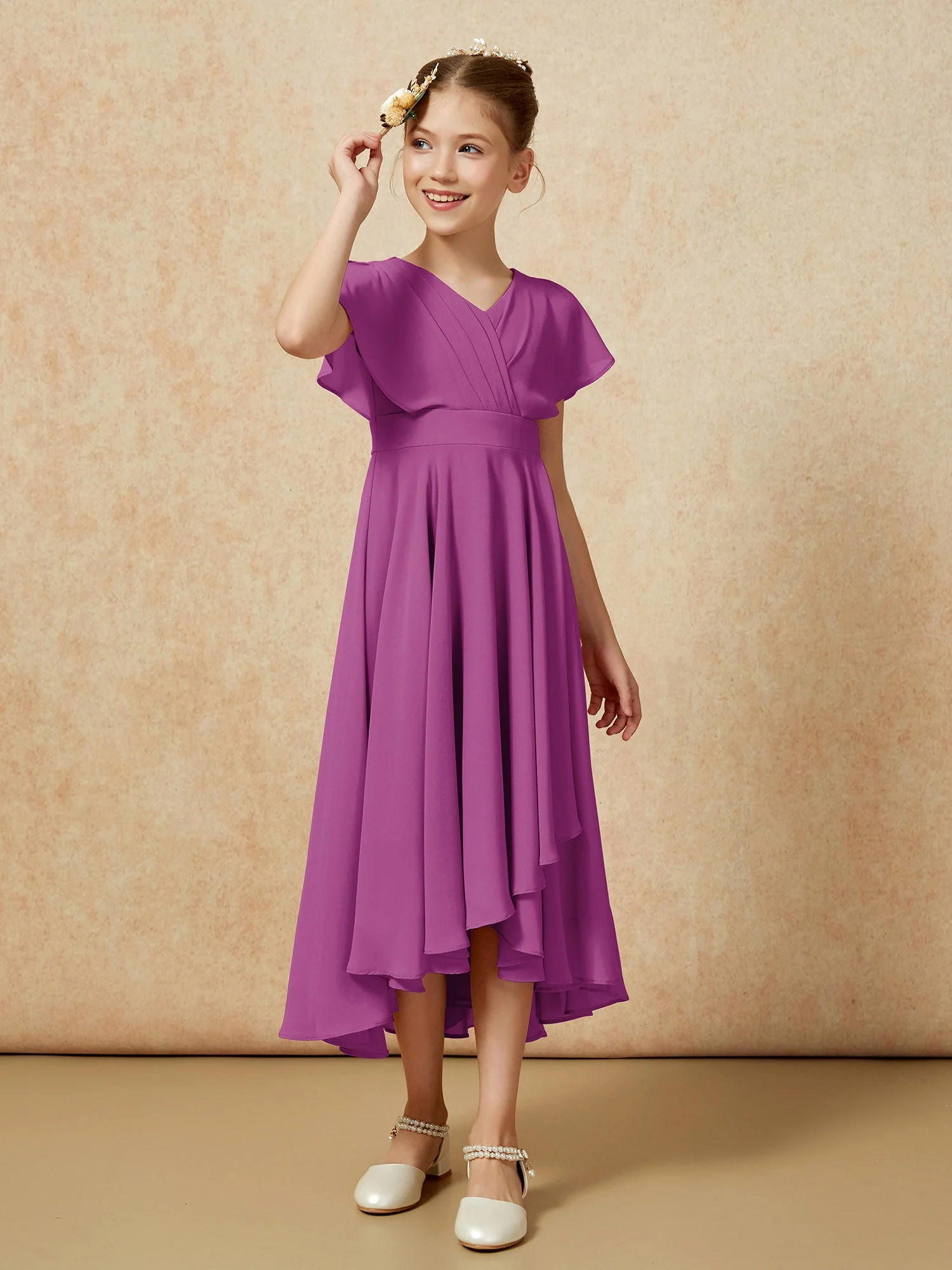 V-Ausschnitt Chiffon Asymmetrisch Junge Brautjungfernkleider Orchidee - Image 3