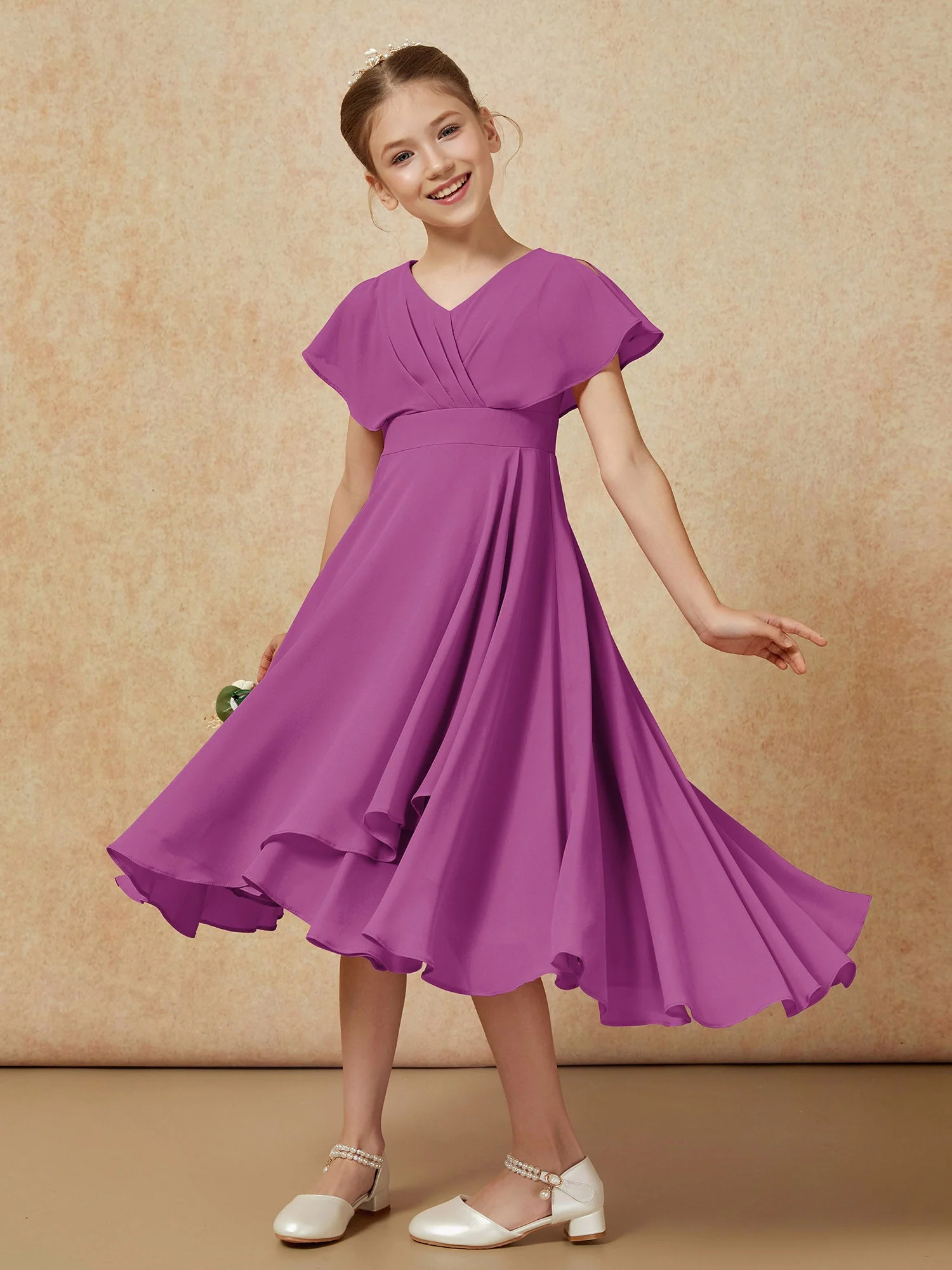 V-Ausschnitt Chiffon Asymmetrisch Junge Brautjungfernkleider Orchidee - Image 4