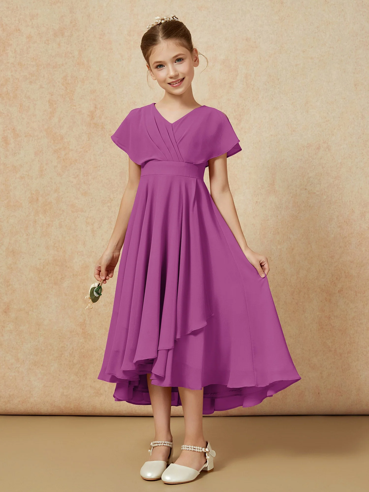 V-Ausschnitt Chiffon Asymmetrisch Junge Brautjungfernkleider Orchidee - Image 5