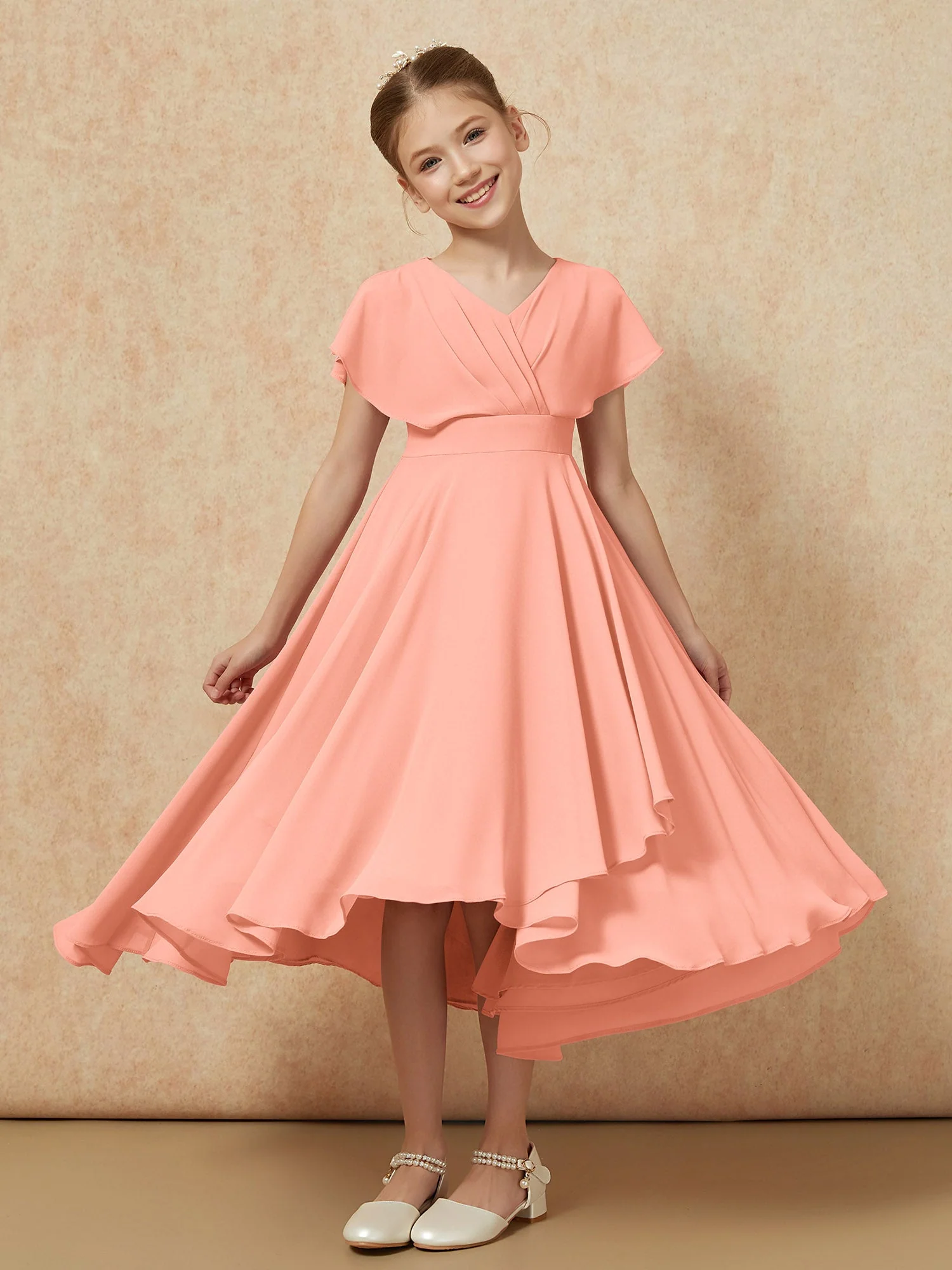 V-Ausschnitt Chiffon Asymmetrisch Junge Brautjungfernkleider Papaya