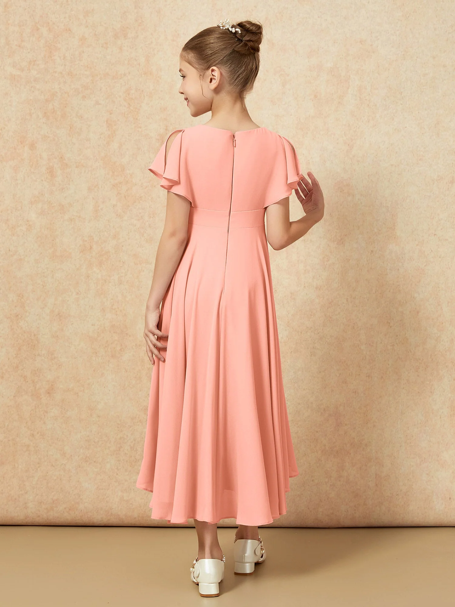V-Ausschnitt Chiffon Asymmetrisch Junge Brautjungfernkleider Papaya - Image 2