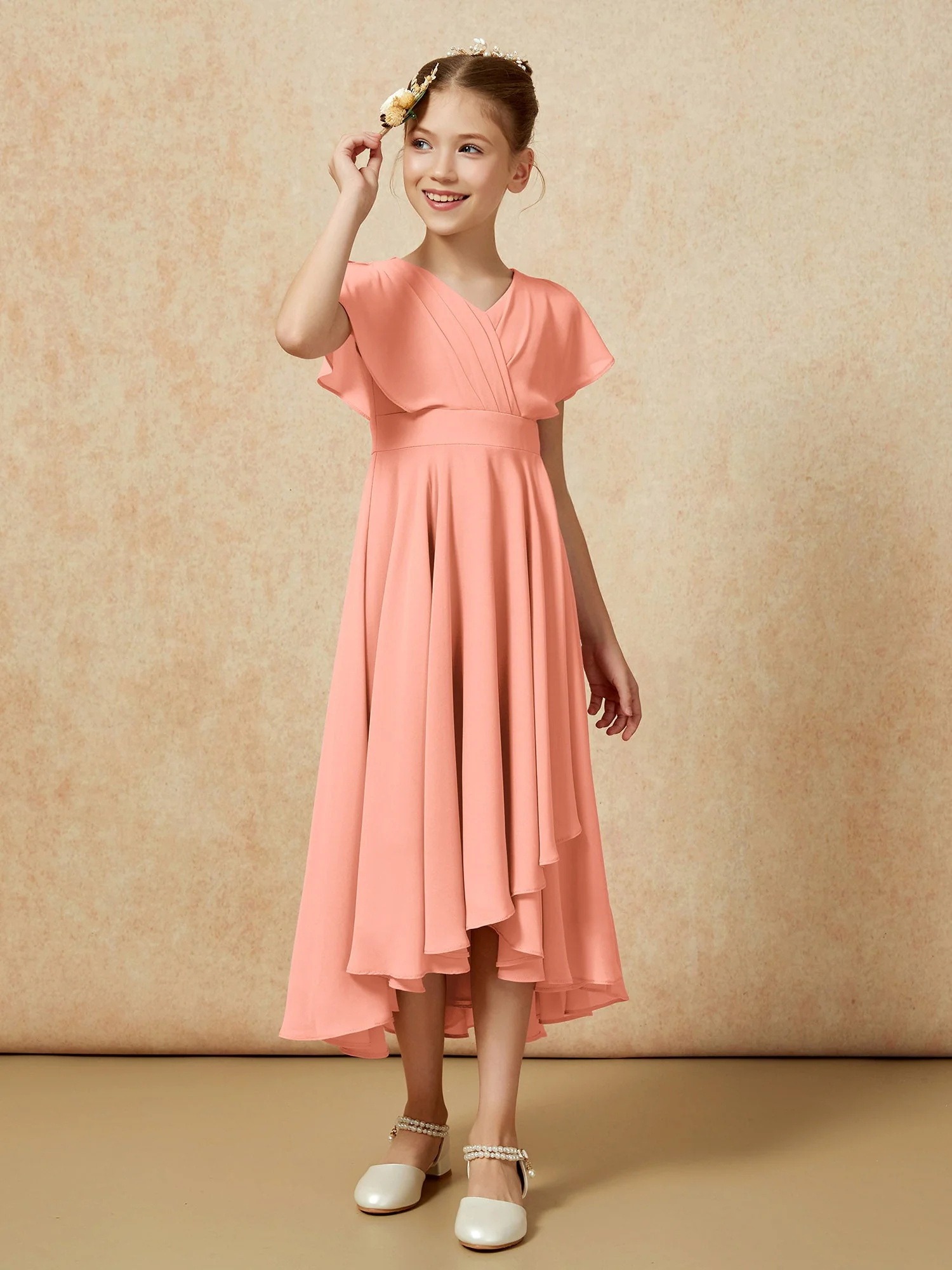 V-Ausschnitt Chiffon Asymmetrisch Junge Brautjungfernkleider Papaya - Image 3