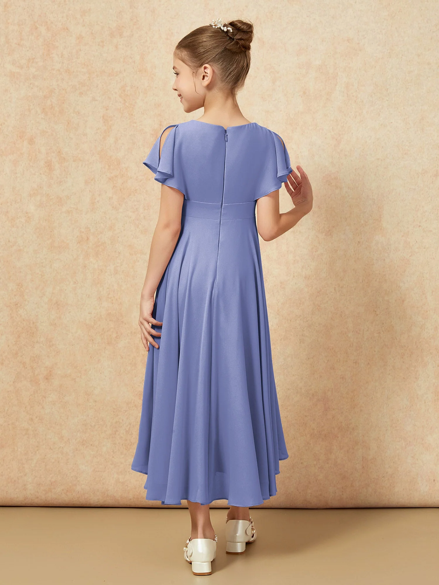 V-Ausschnitt Chiffon Asymmetrisch Junge Brautjungfernkleider Periwinkleblau - Image 2