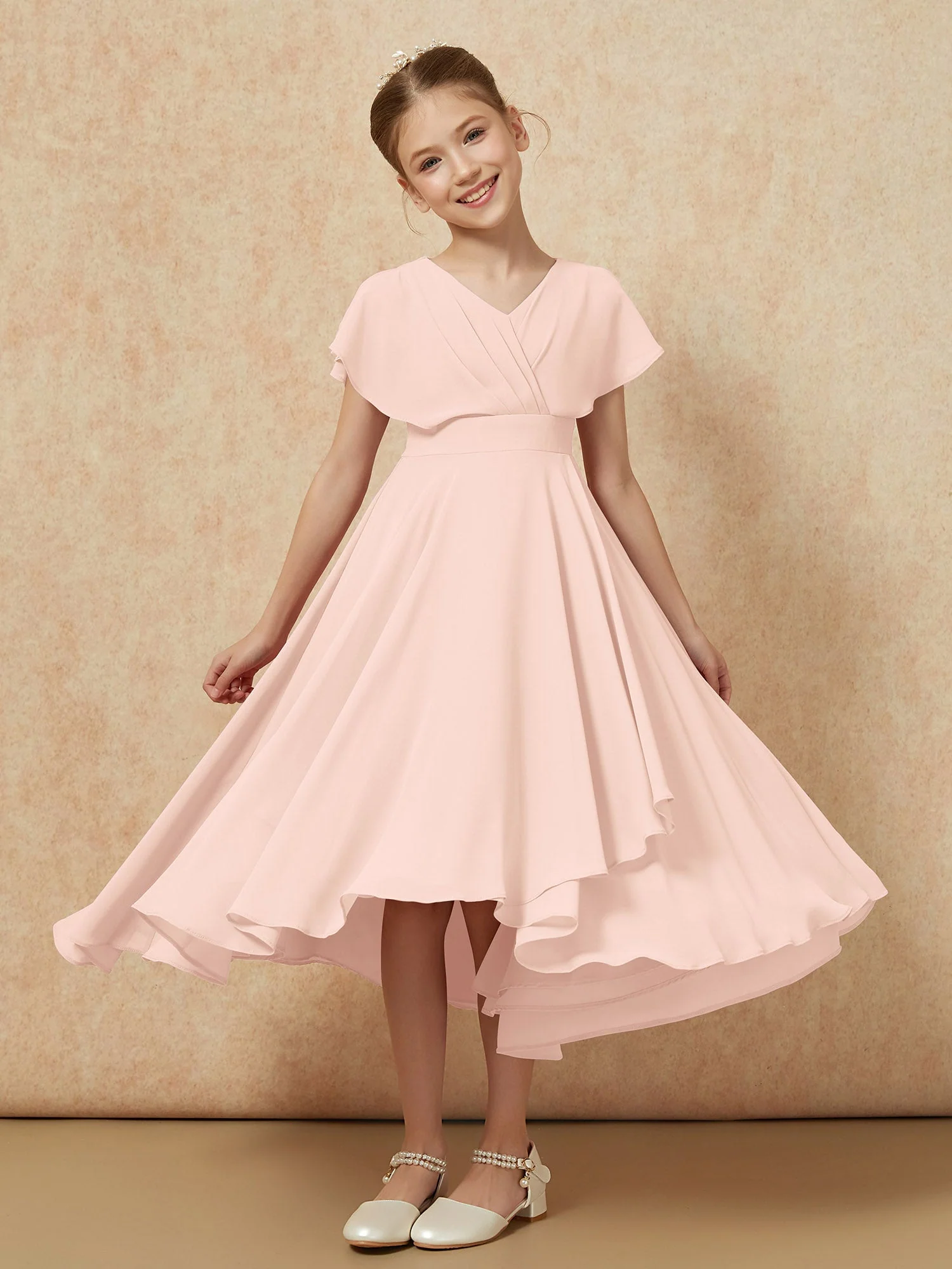 V-Ausschnitt Chiffon Asymmetrisch Junge Brautjungfernkleider Perlrosa