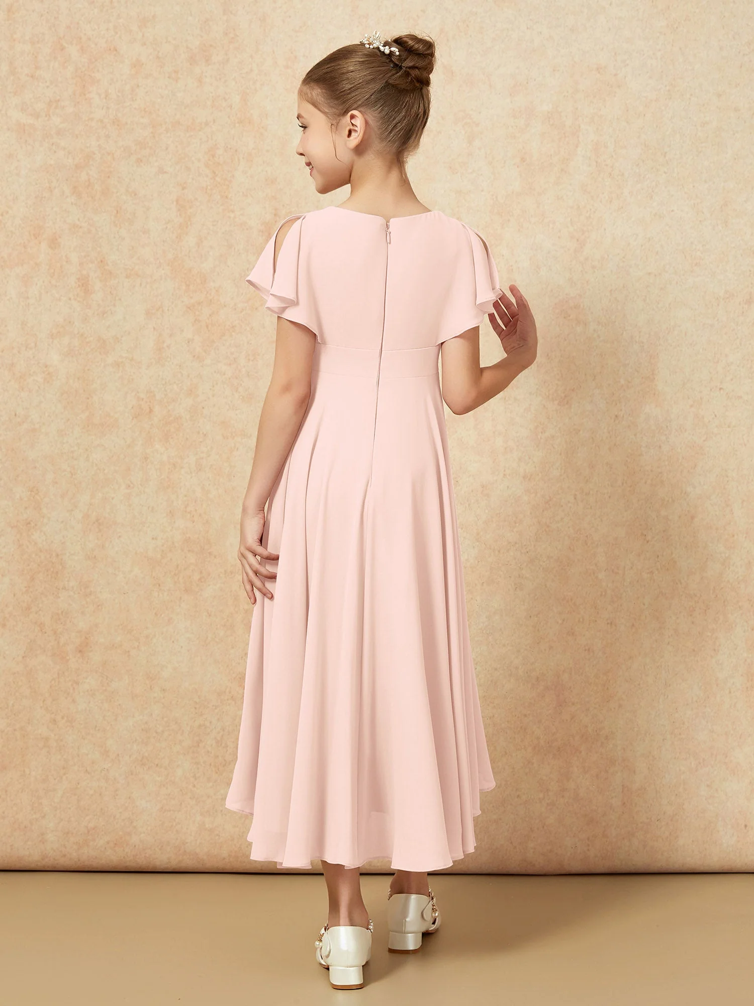 V-Ausschnitt Chiffon Asymmetrisch Junge Brautjungfernkleider Perlrosa - Image 2
