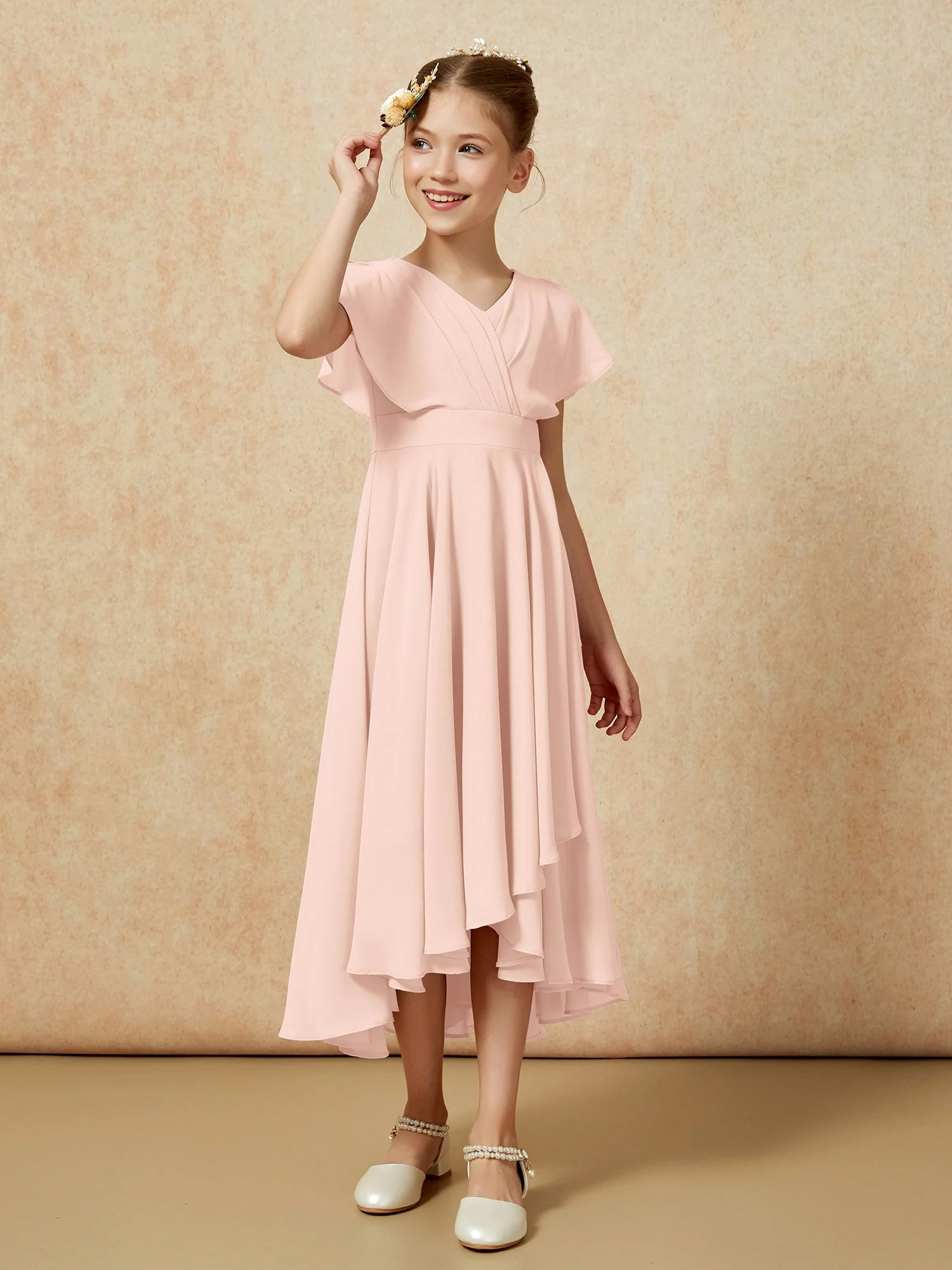 V-Ausschnitt Chiffon Asymmetrisch Junge Brautjungfernkleider Perlrosa - Image 3
