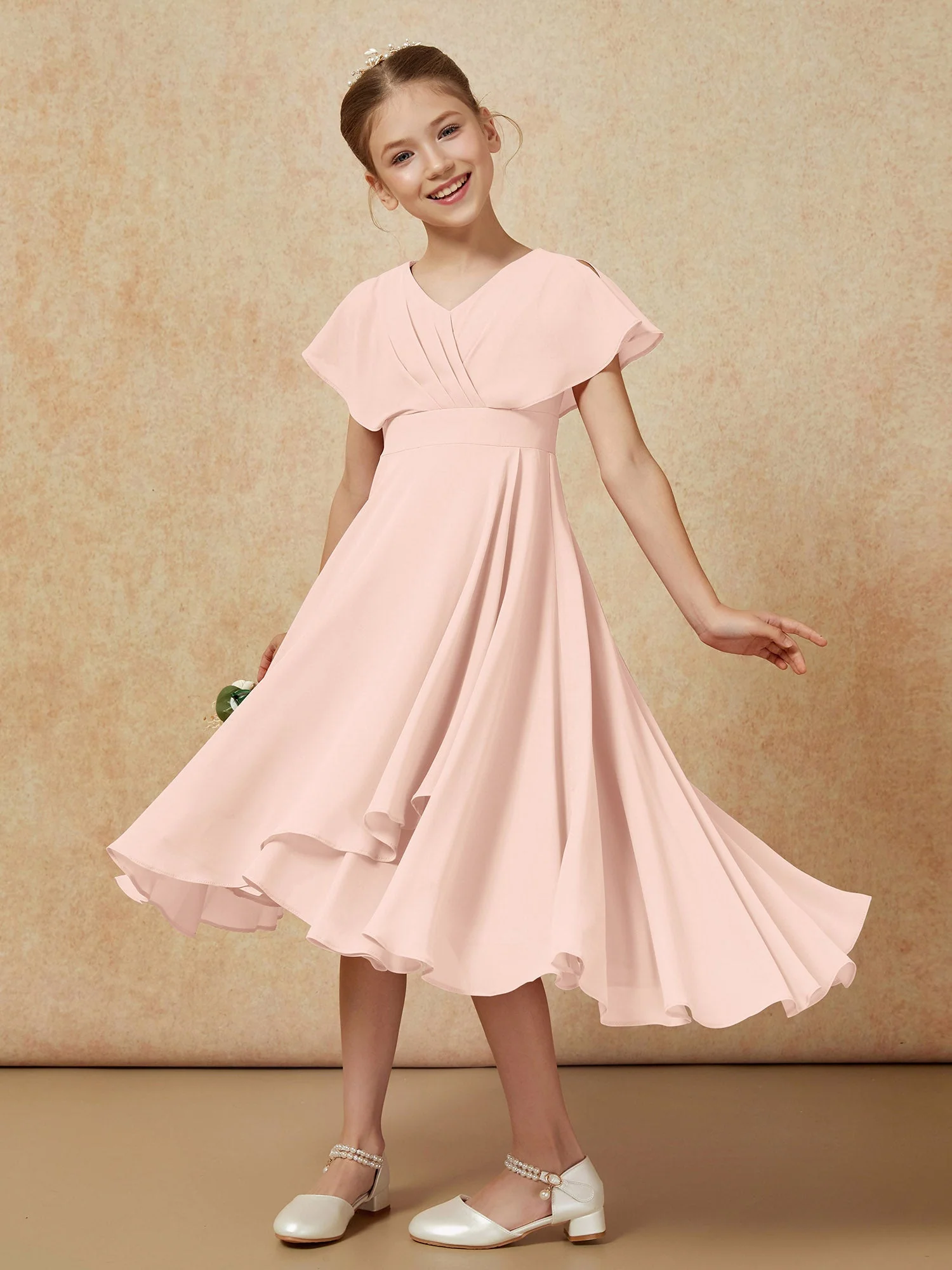 V-Ausschnitt Chiffon Asymmetrisch Junge Brautjungfernkleider Perlrosa - Image 4