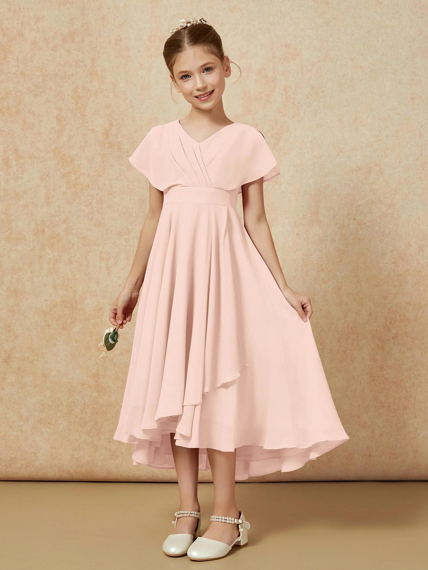 V-Ausschnitt Chiffon Asymmetrisch Junge Brautjungfernkleider Perlrosa - Image 5