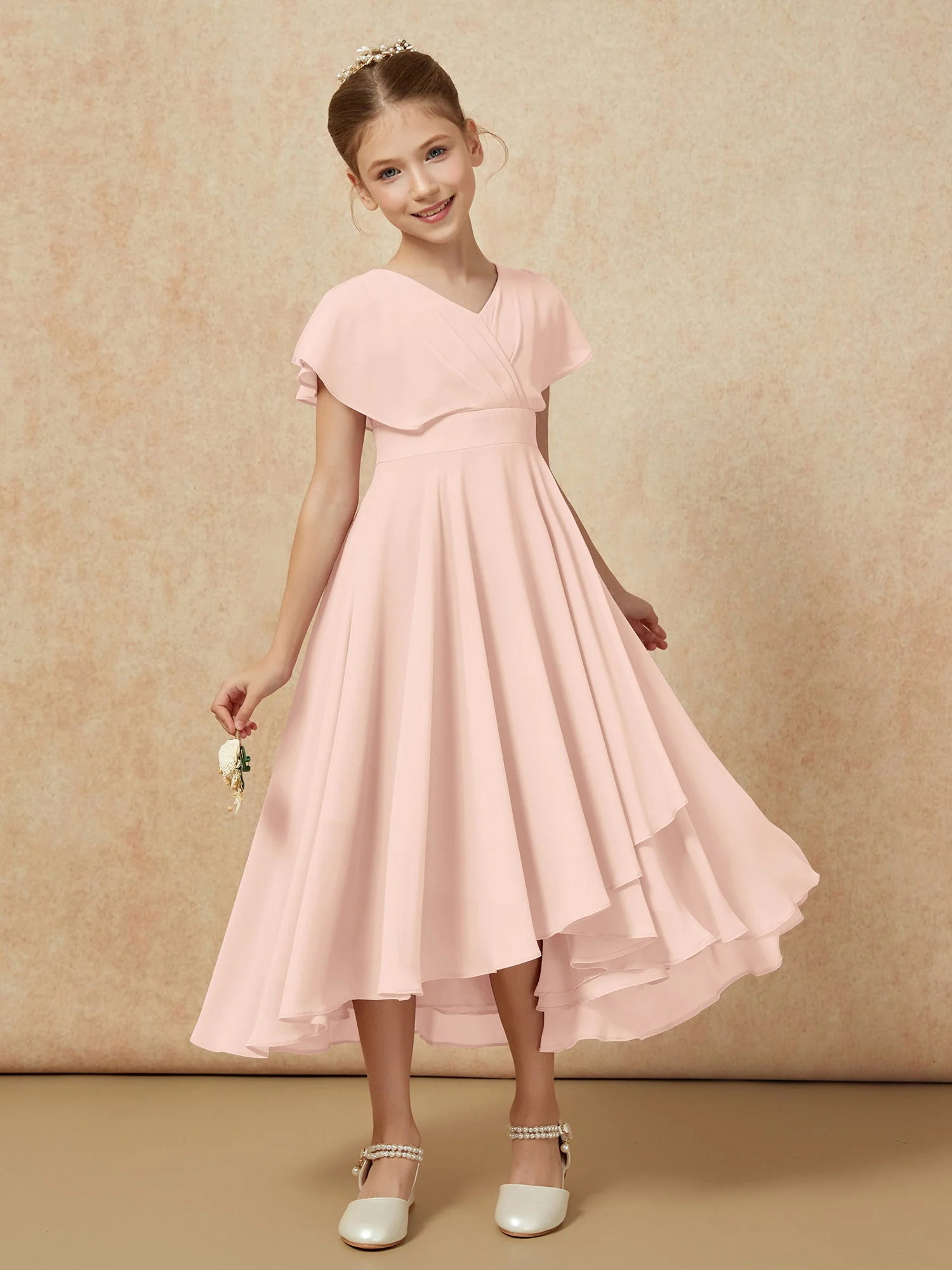 V-Ausschnitt Chiffon Asymmetrisch Junge Brautjungfernkleider Perlrosa - Image 6