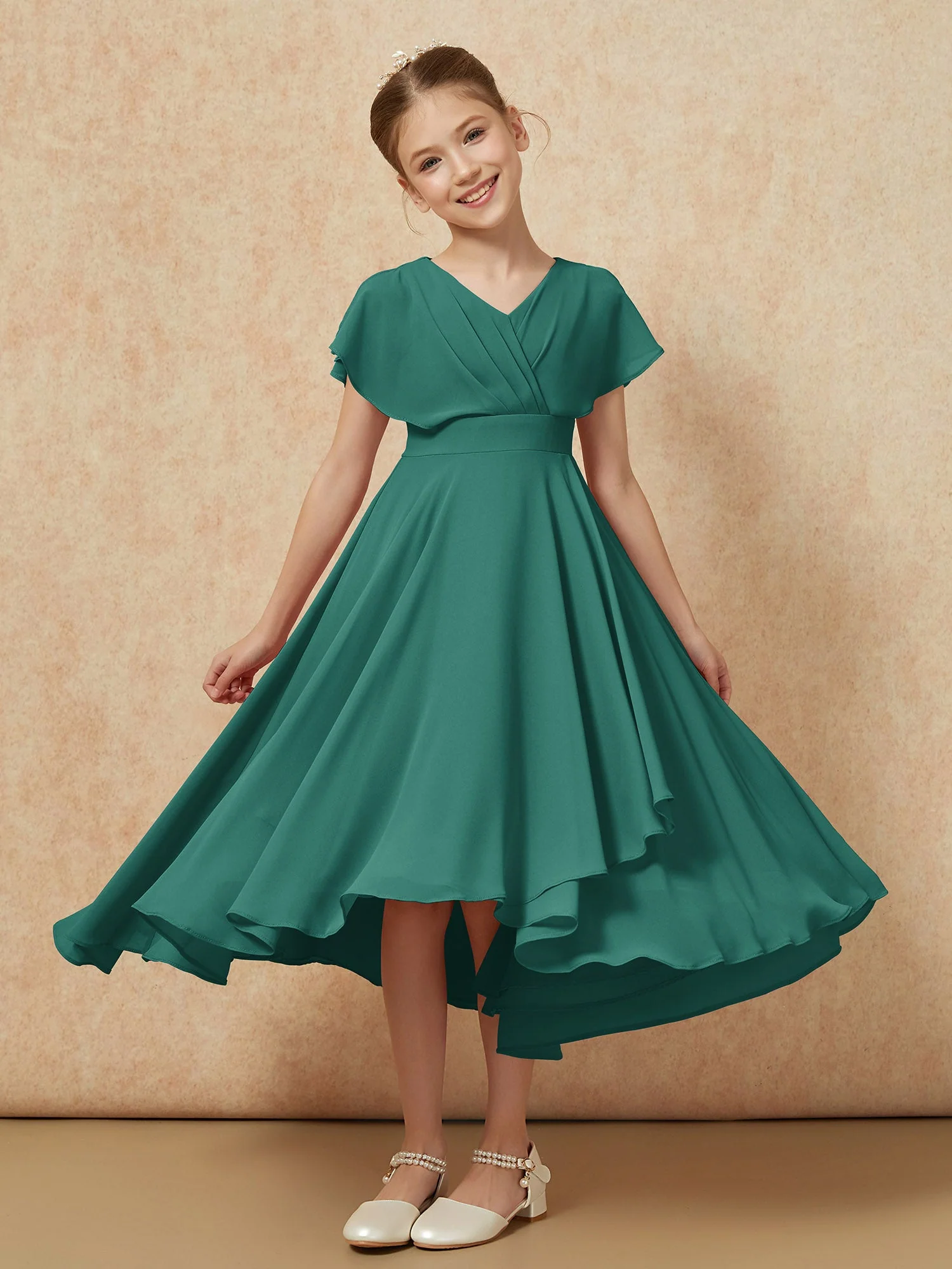V-Ausschnitt Chiffon Asymmetrisch Junge Brautjungfernkleider Pfau