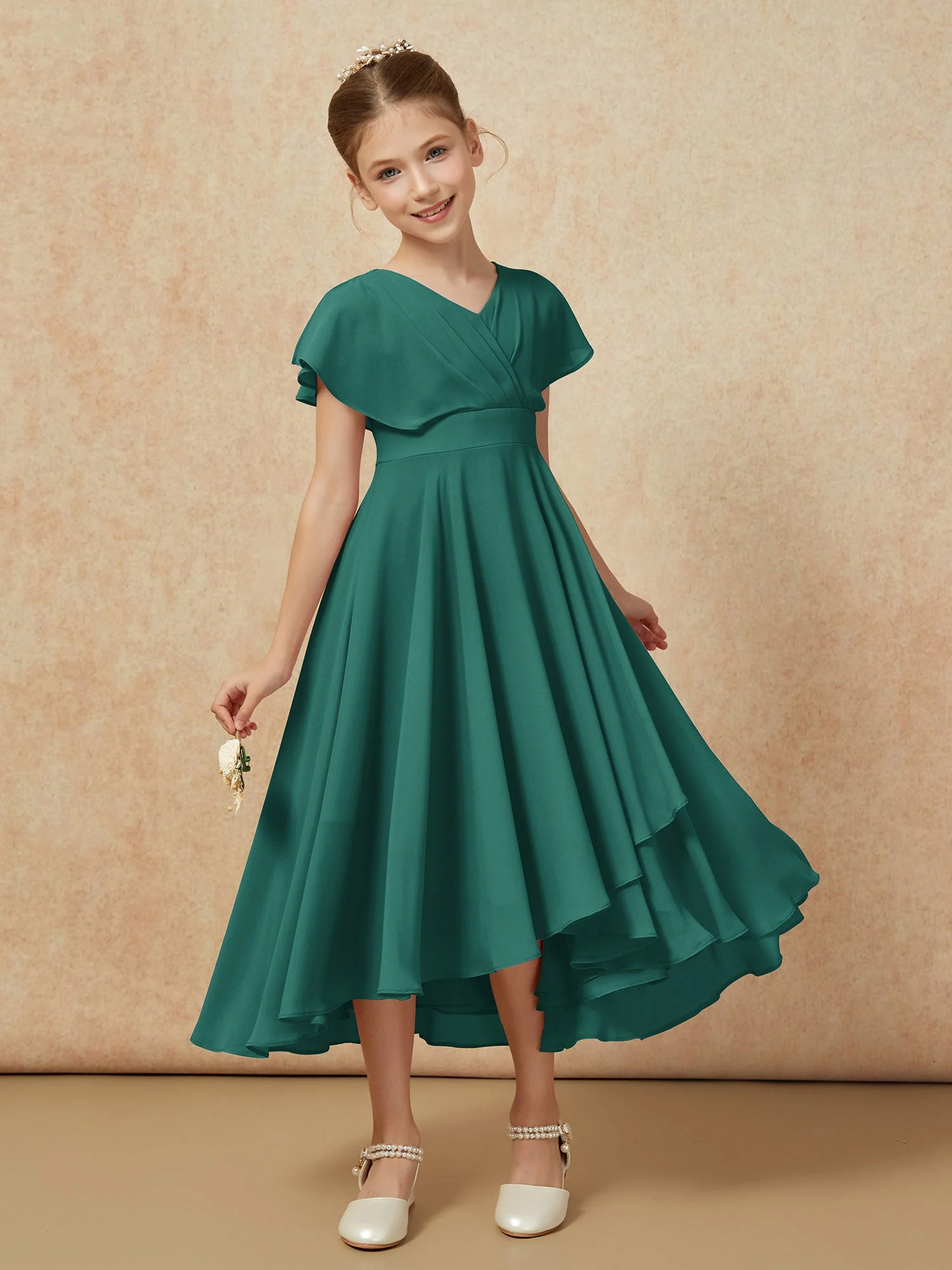 V-Ausschnitt Chiffon Asymmetrisch Junge Brautjungfernkleider Pfau - Image 6
