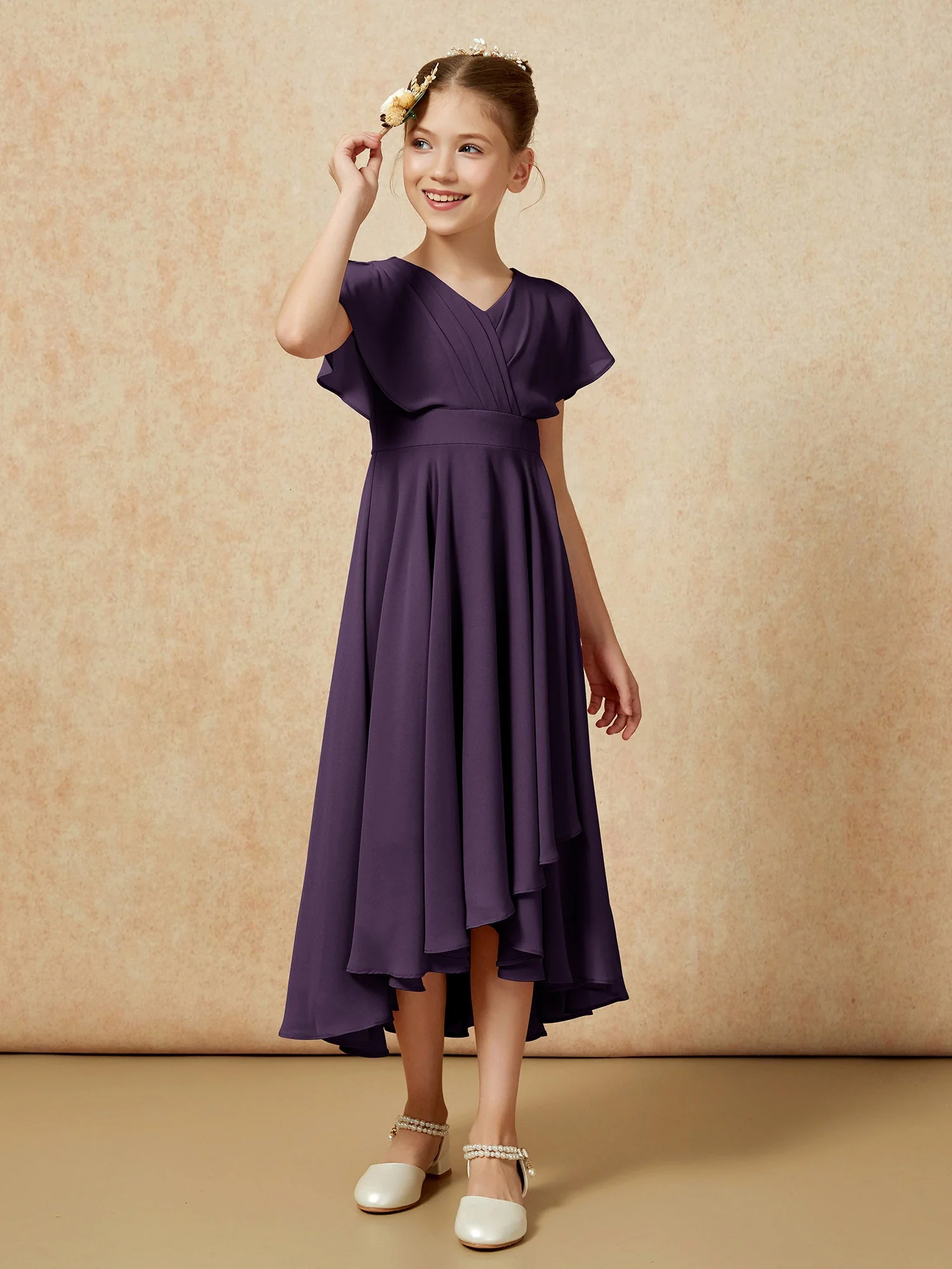 V-Ausschnitt Chiffon Asymmetrisch Junge Brautjungfernkleider Plum - Image 3