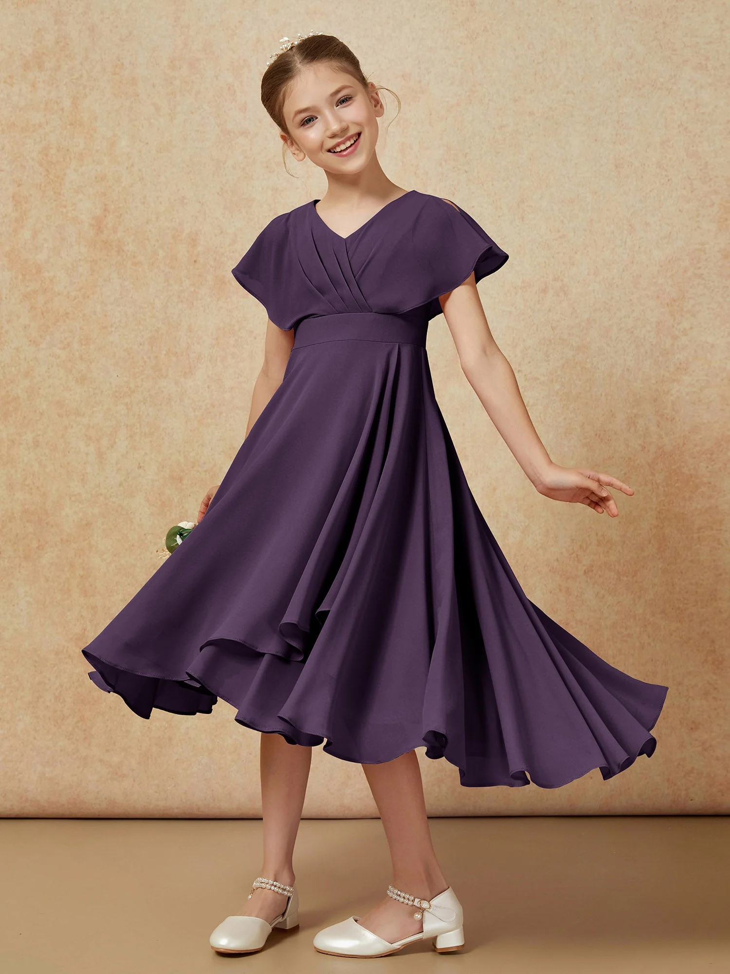 V-Ausschnitt Chiffon Asymmetrisch Junge Brautjungfernkleider Plum - Image 4