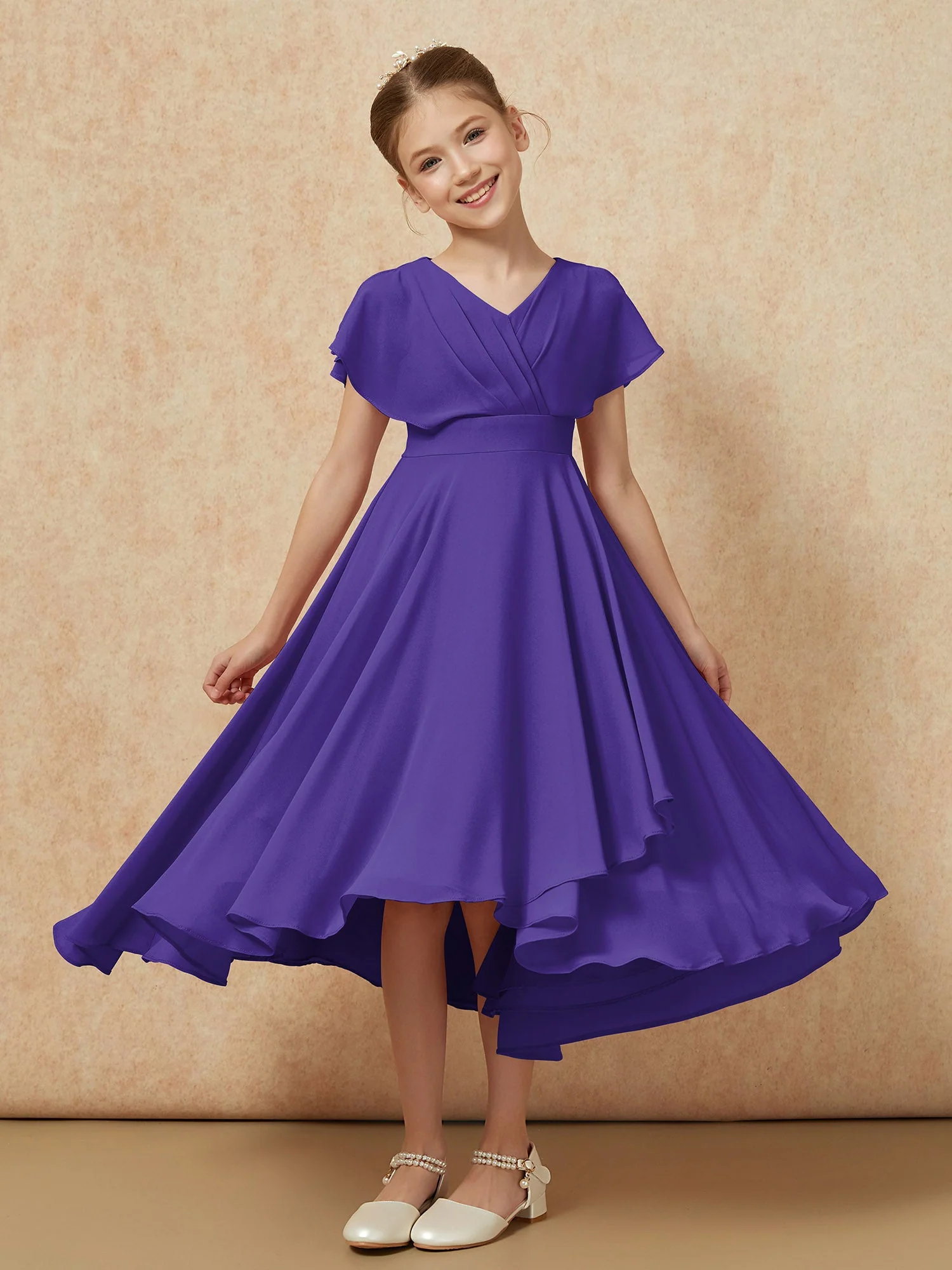 V-Ausschnitt Chiffon Asymmetrisch Junge Brautjungfernkleider Regentschaft