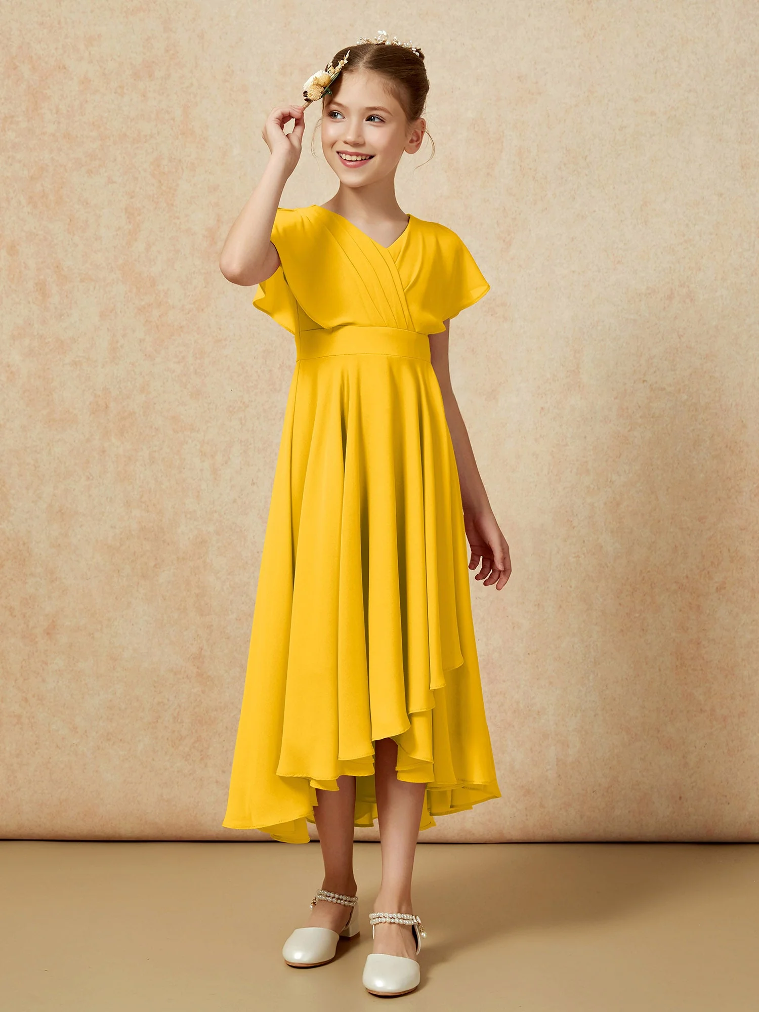 V-Ausschnitt Chiffon Asymmetrisch Junge Brautjungfernkleider Ringelblume - Image 3