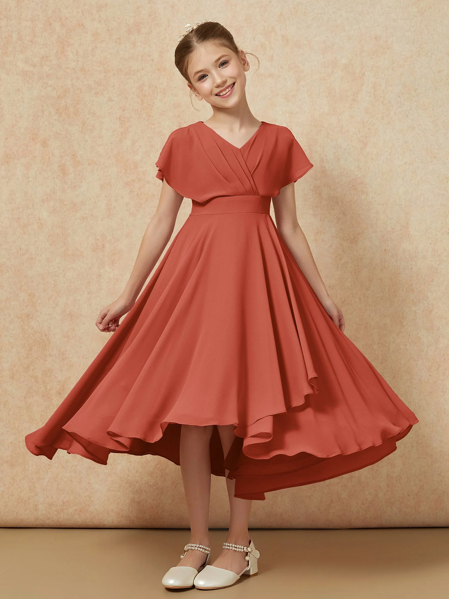 V-Ausschnitt Chiffon Asymmetrisch Junge Brautjungfernkleider Rost