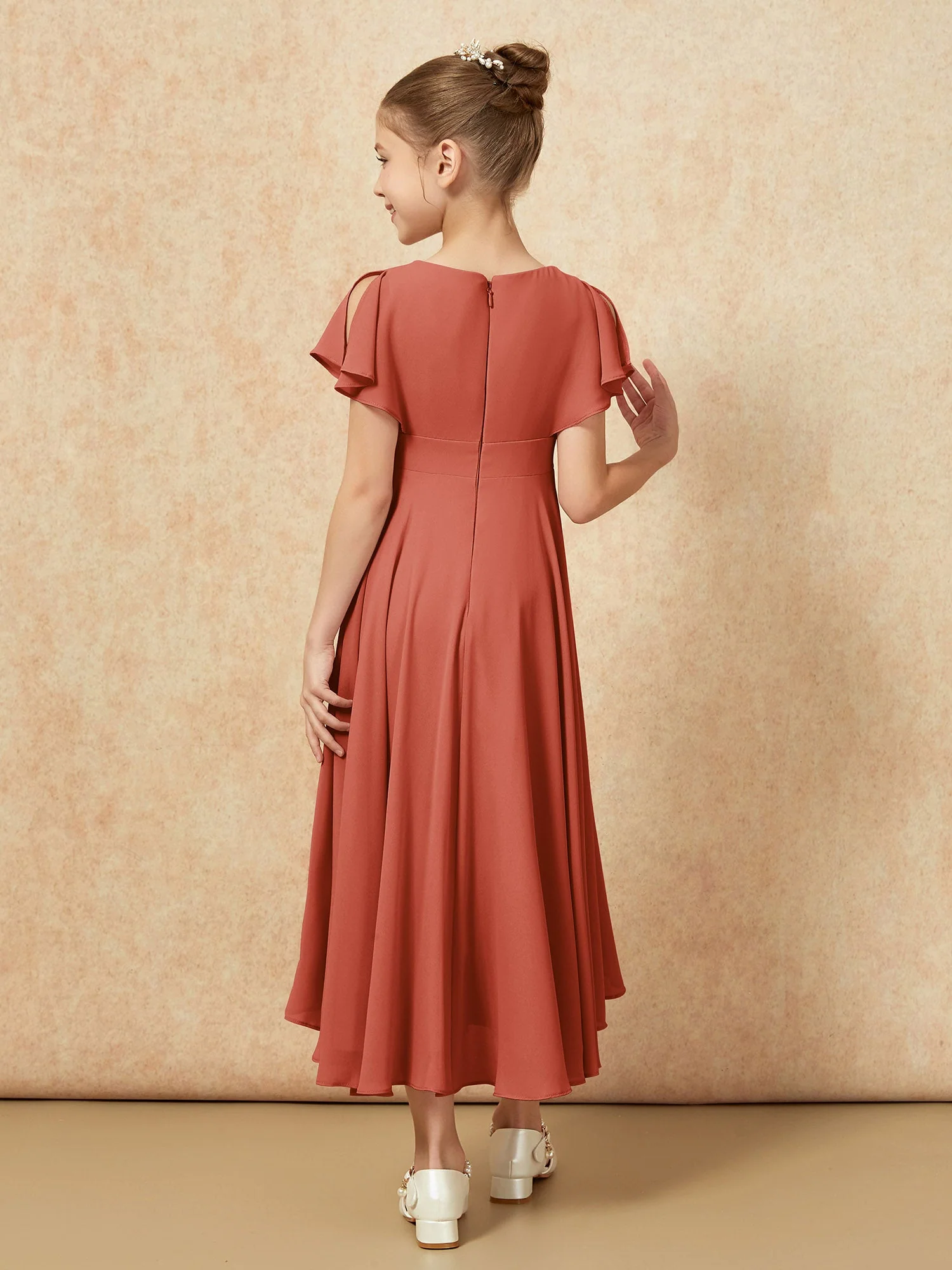 V-Ausschnitt Chiffon Asymmetrisch Junge Brautjungfernkleider Rost - Image 2