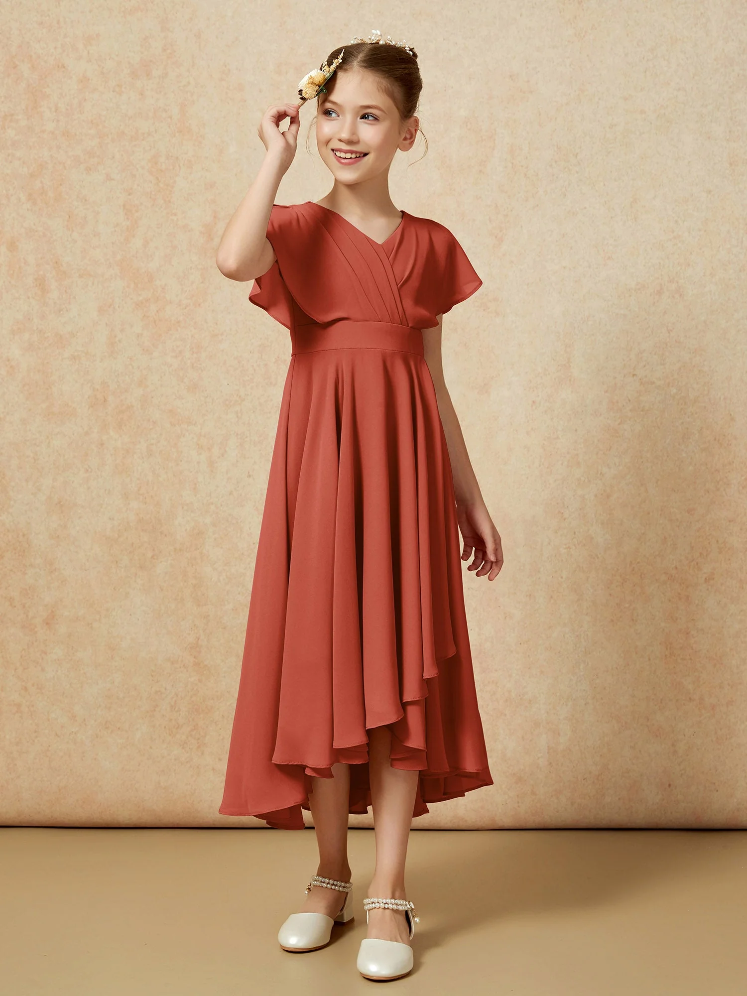 V-Ausschnitt Chiffon Asymmetrisch Junge Brautjungfernkleider Rost - Image 3