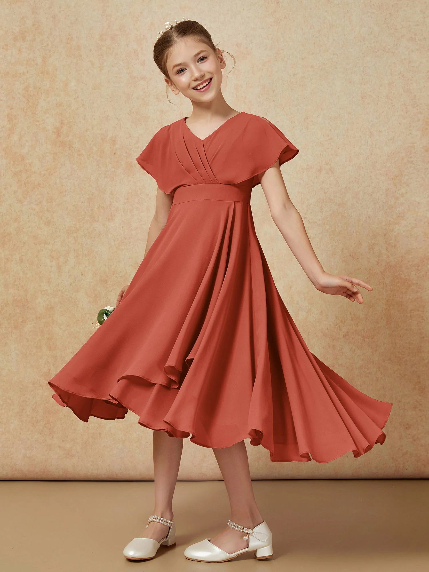 V-Ausschnitt Chiffon Asymmetrisch Junge Brautjungfernkleider Rost - Image 4
