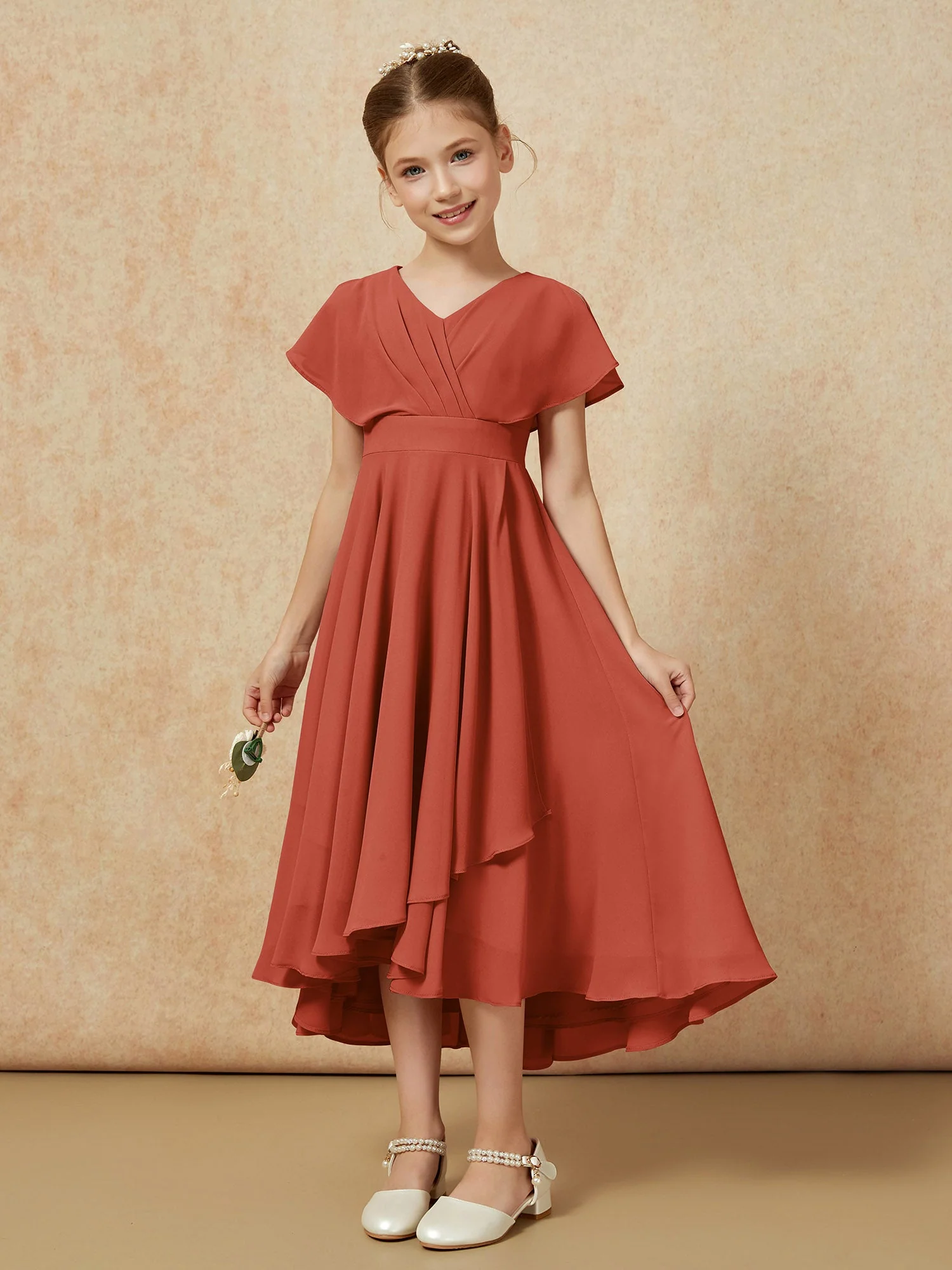 V-Ausschnitt Chiffon Asymmetrisch Junge Brautjungfernkleider Rost - Image 5