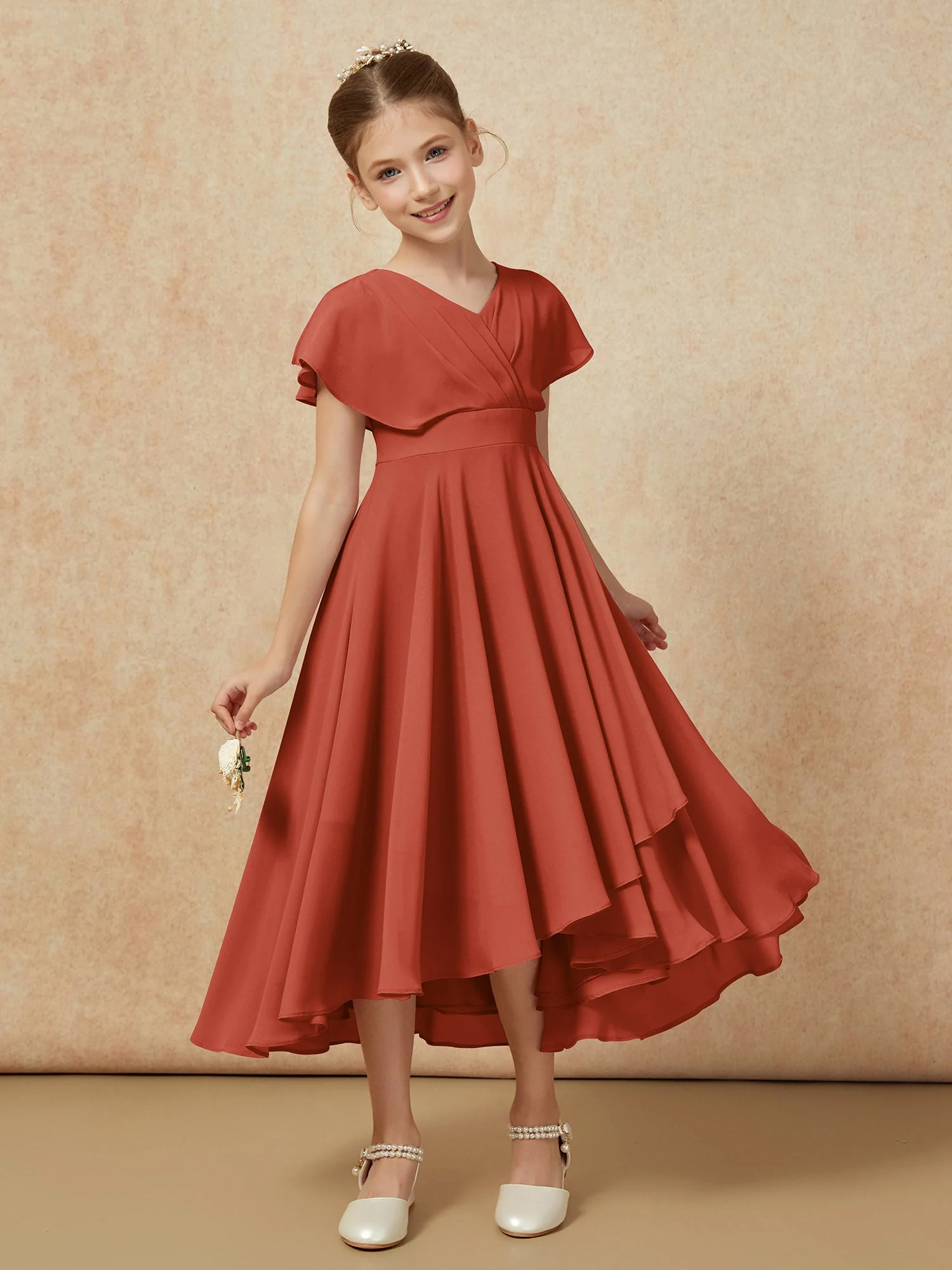 V-Ausschnitt Chiffon Asymmetrisch Junge Brautjungfernkleider Rost - Image 6