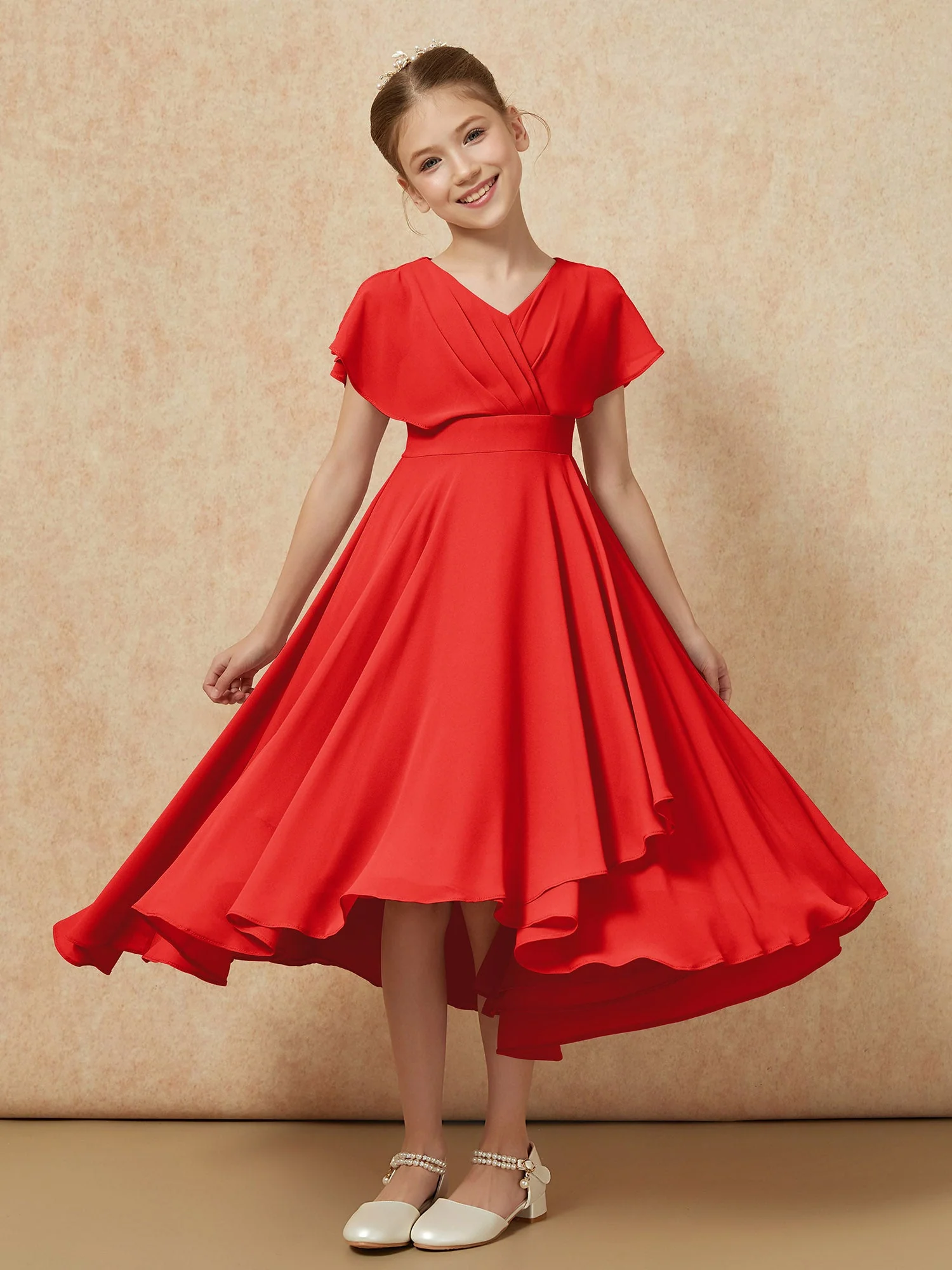 V-Ausschnitt Chiffon Asymmetrisch Junge Brautjungfernkleider Rot
