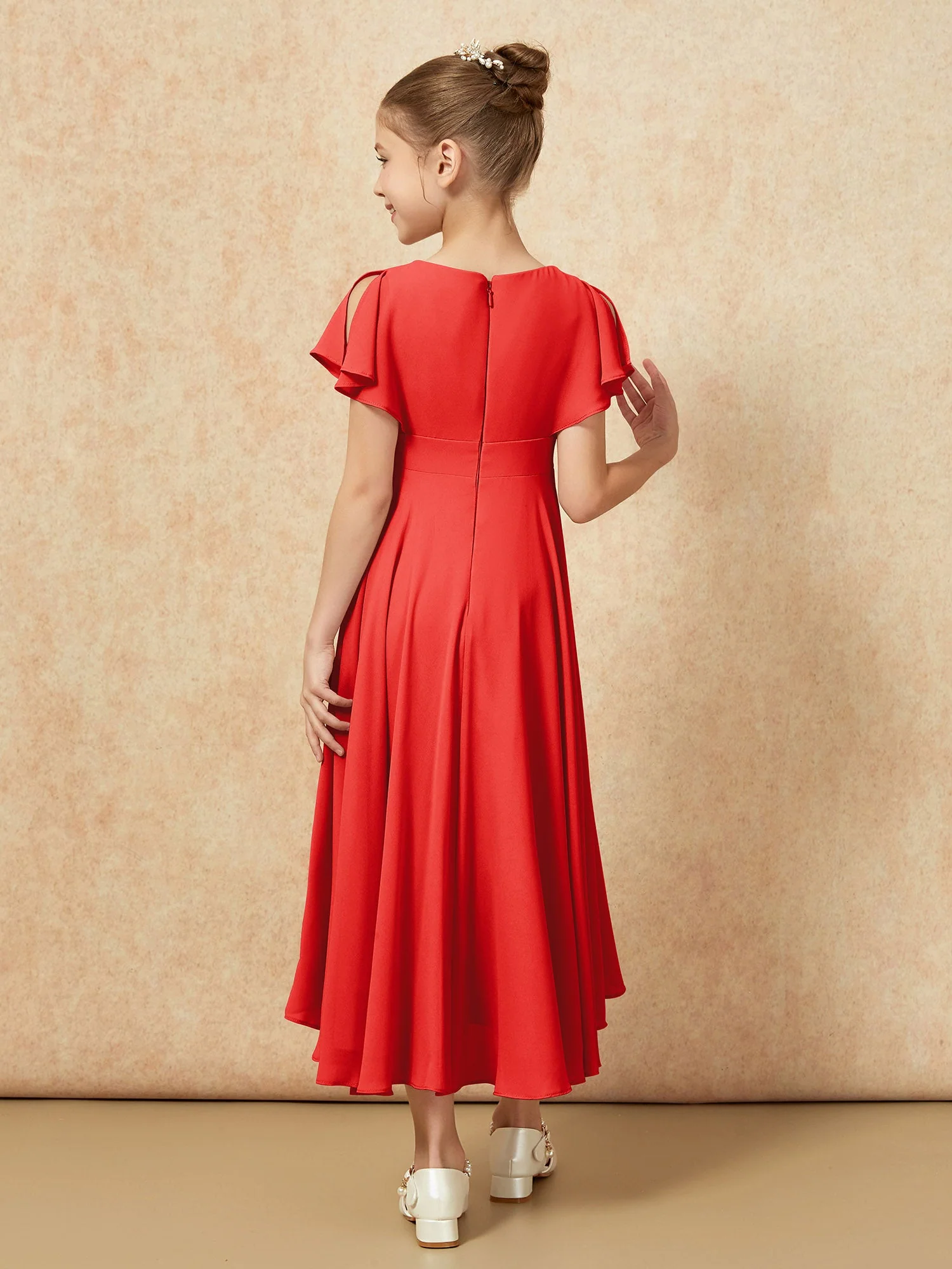 V-Ausschnitt Chiffon Asymmetrisch Junge Brautjungfernkleider Rot - Image 2