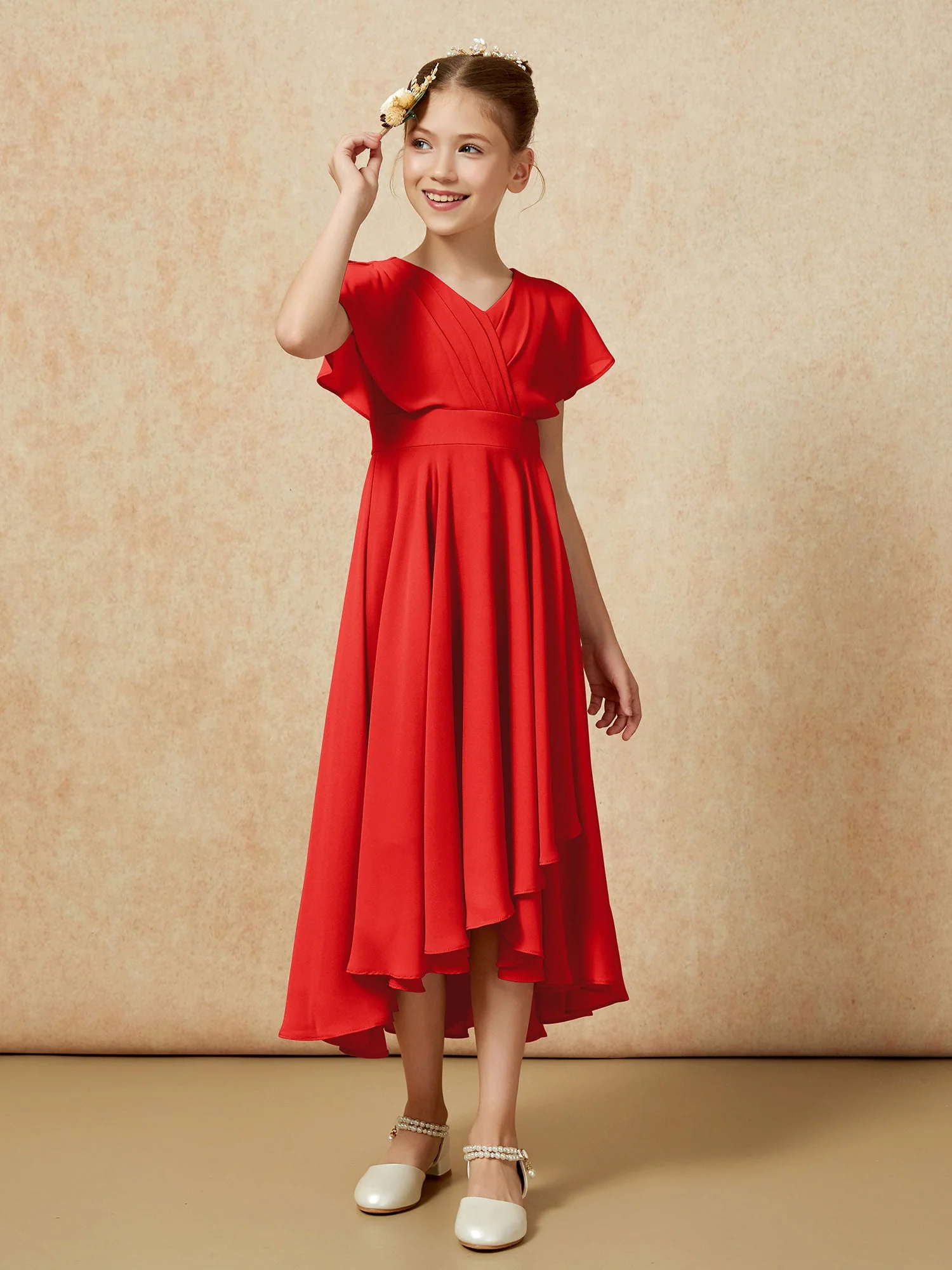 V-Ausschnitt Chiffon Asymmetrisch Junge Brautjungfernkleider Rot - Image 3