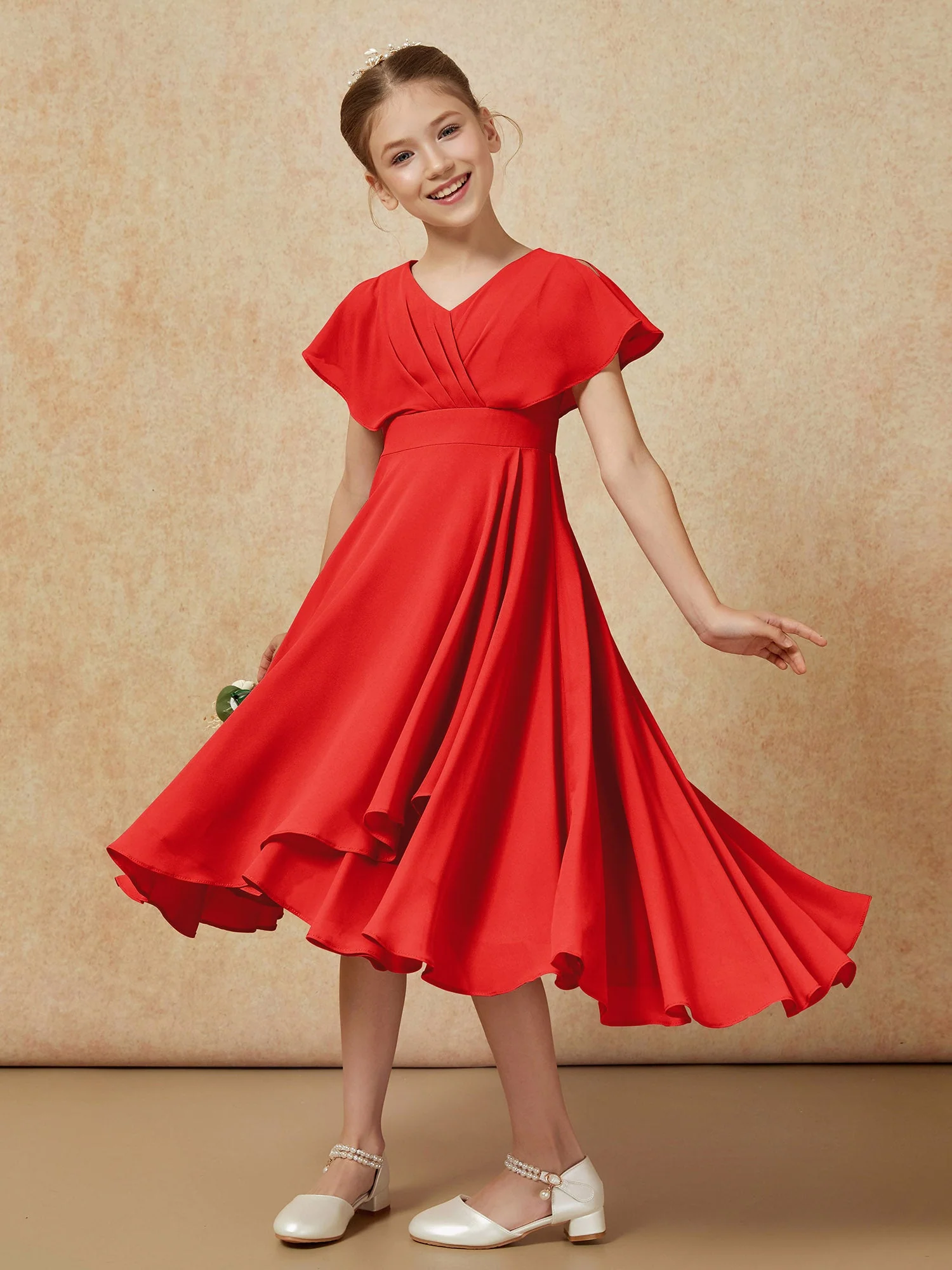 V-Ausschnitt Chiffon Asymmetrisch Junge Brautjungfernkleider Rot - Image 4