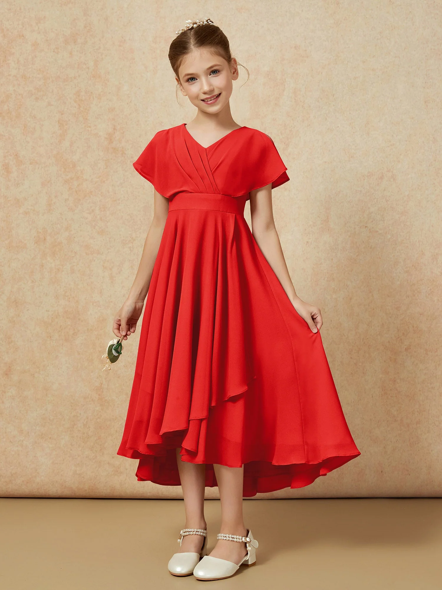 V-Ausschnitt Chiffon Asymmetrisch Junge Brautjungfernkleider Rot - Image 5