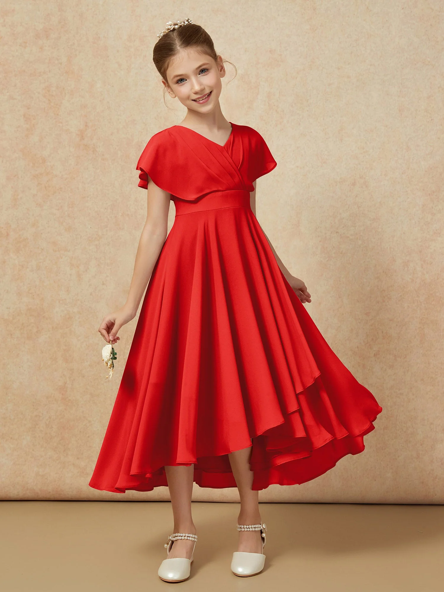 V-Ausschnitt Chiffon Asymmetrisch Junge Brautjungfernkleider Rot - Image 6