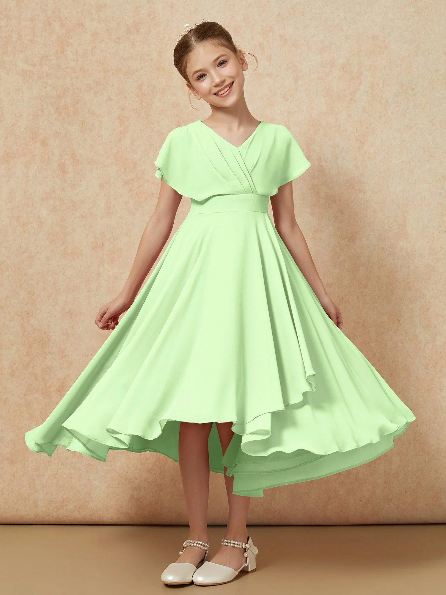 V-Ausschnitt Chiffon Asymmetrisch Junge Brautjungfernkleider Salbei