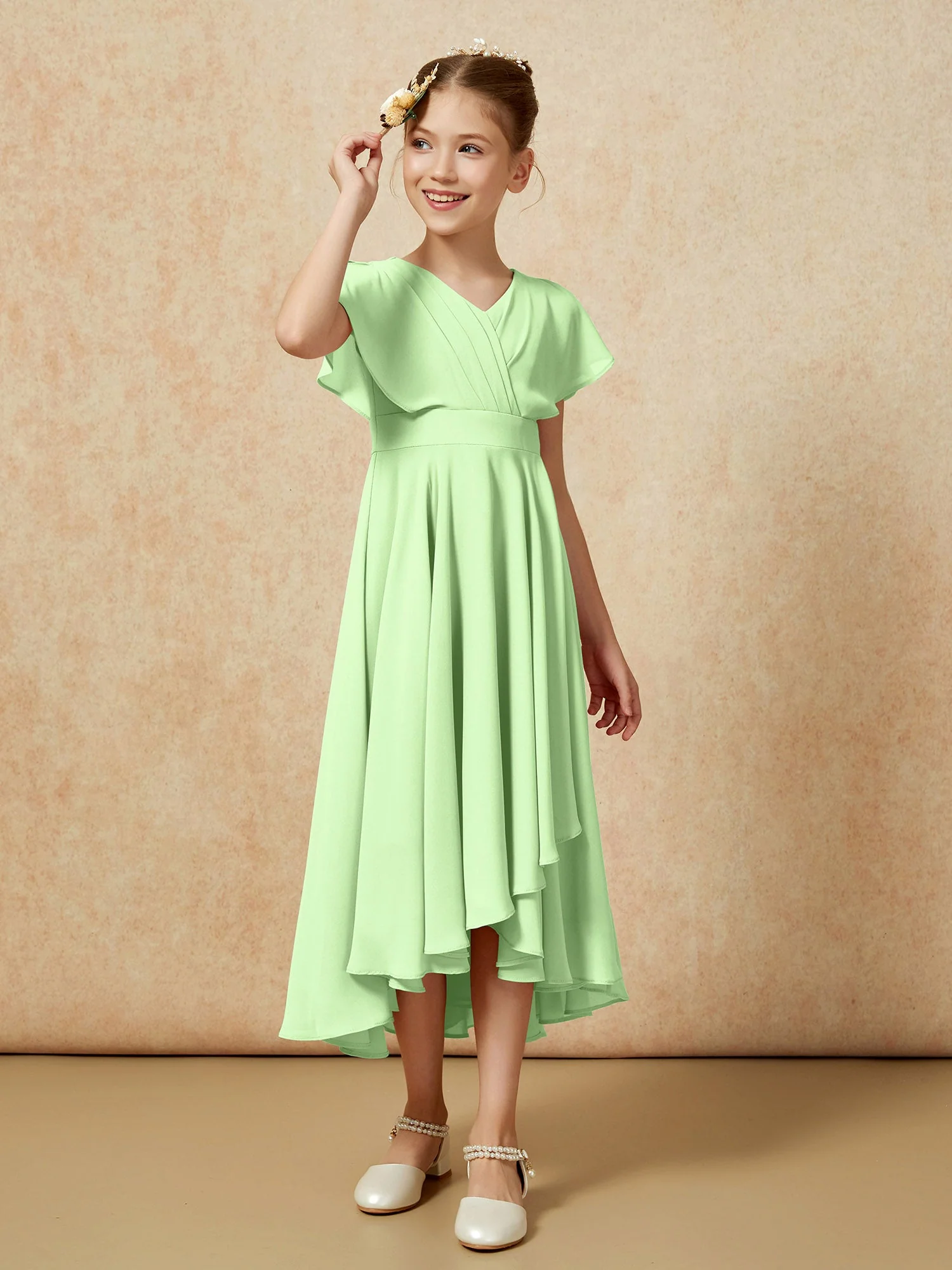 V-Ausschnitt Chiffon Asymmetrisch Junge Brautjungfernkleider Salbei - Image 3