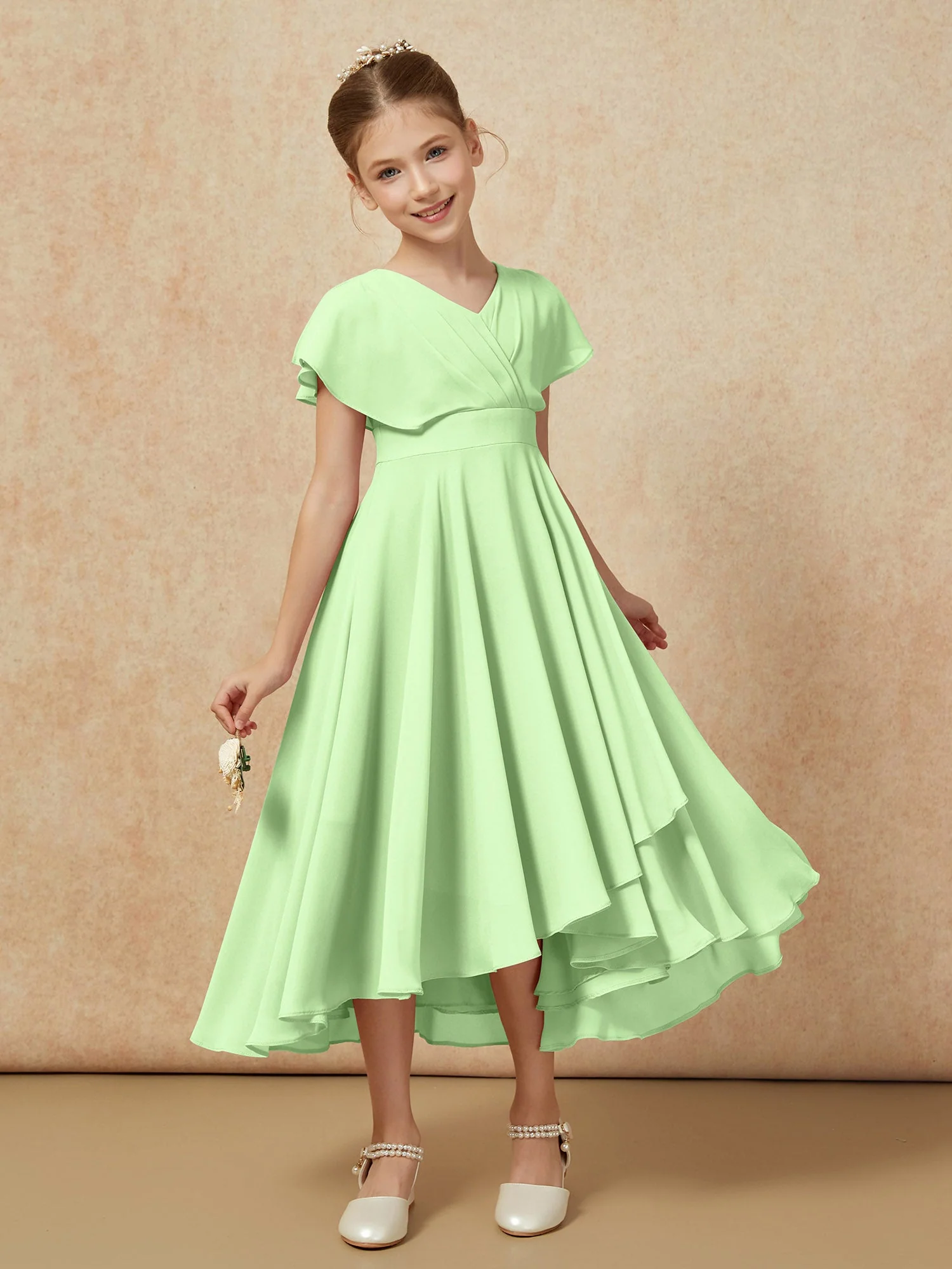 V-Ausschnitt Chiffon Asymmetrisch Junge Brautjungfernkleider Salbei - Image 6