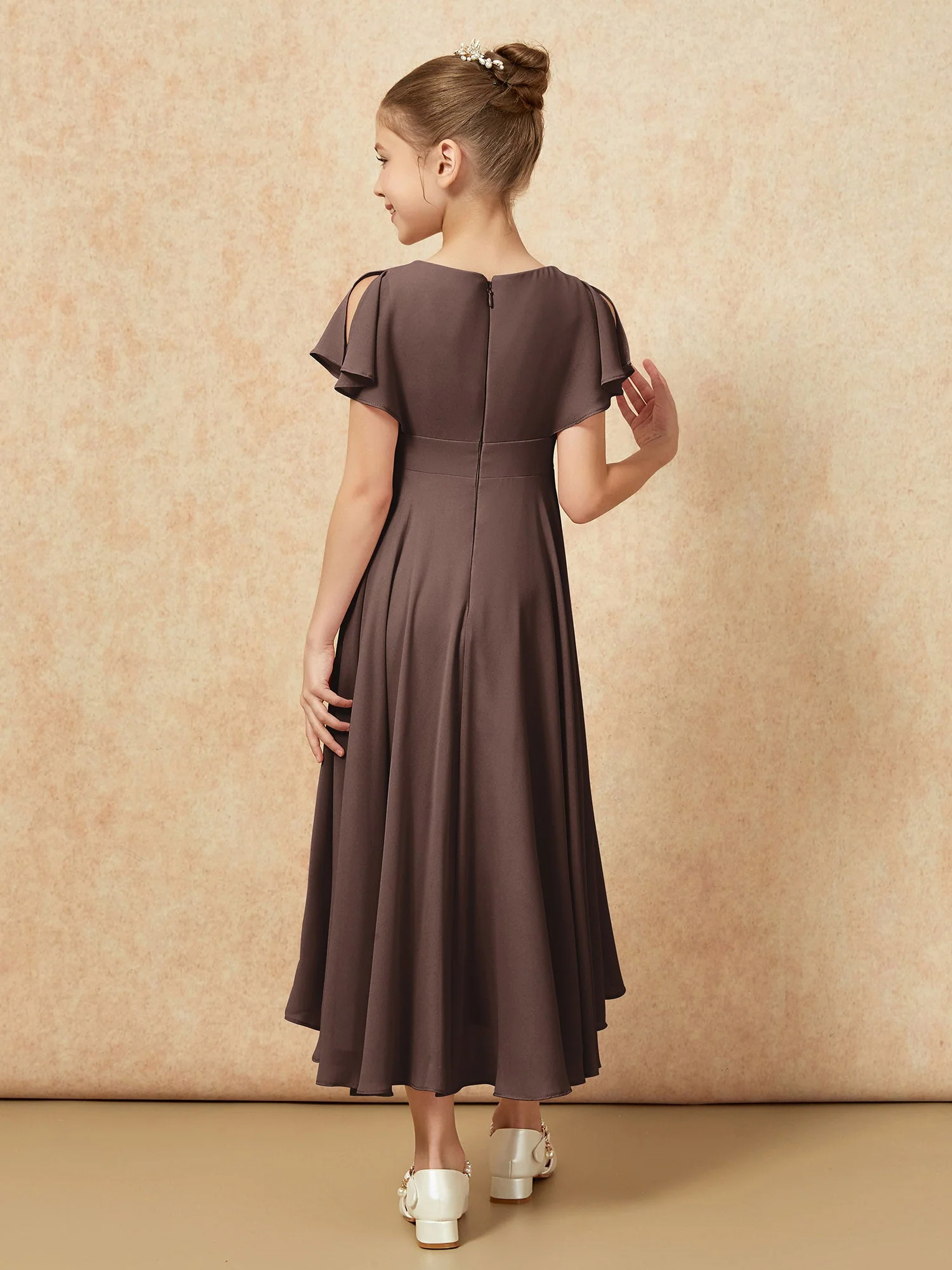V-Ausschnitt Chiffon Asymmetrisch Junge Brautjungfernkleider Schokolade - Image 2