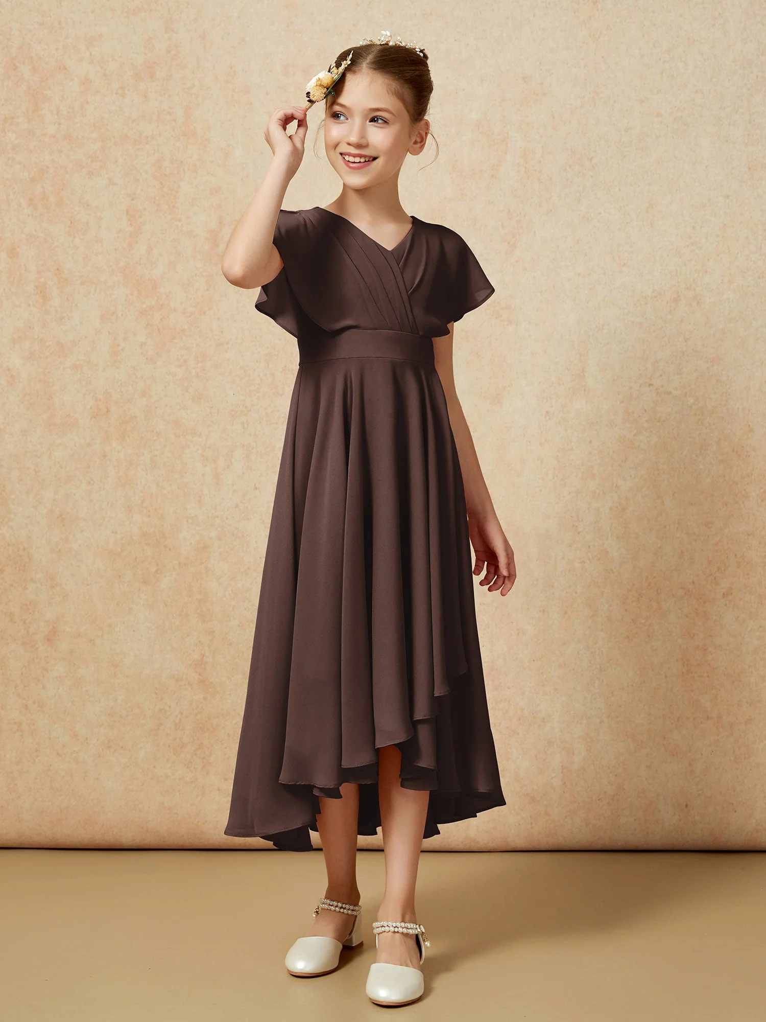 V-Ausschnitt Chiffon Asymmetrisch Junge Brautjungfernkleider Schokolade - Image 3