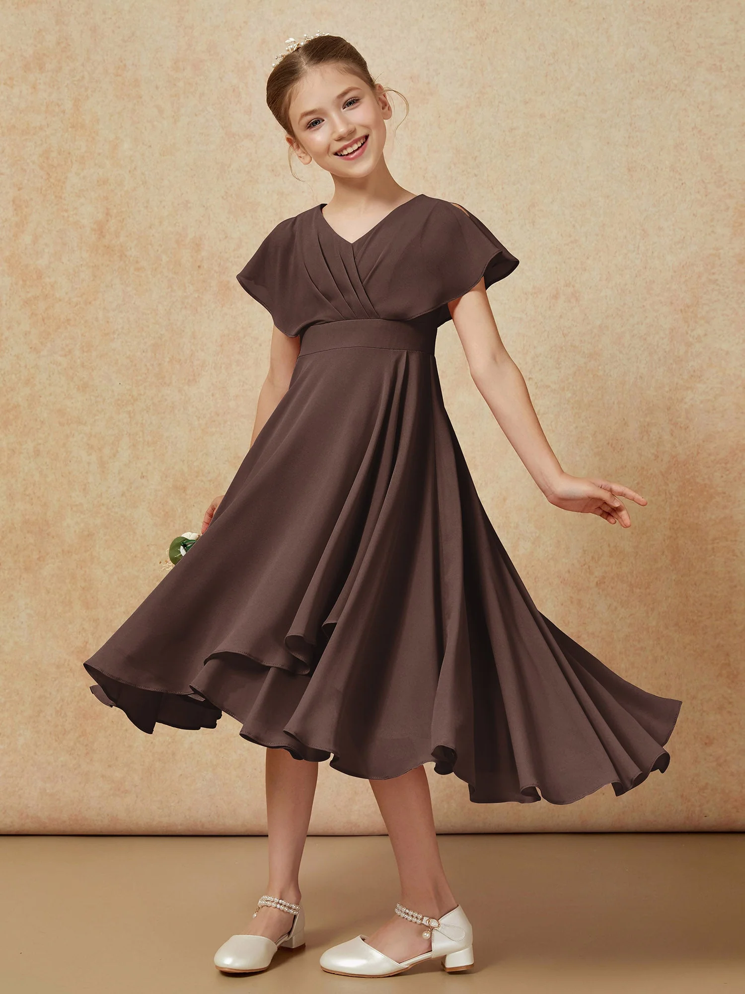 V-Ausschnitt Chiffon Asymmetrisch Junge Brautjungfernkleider Schokolade - Image 4