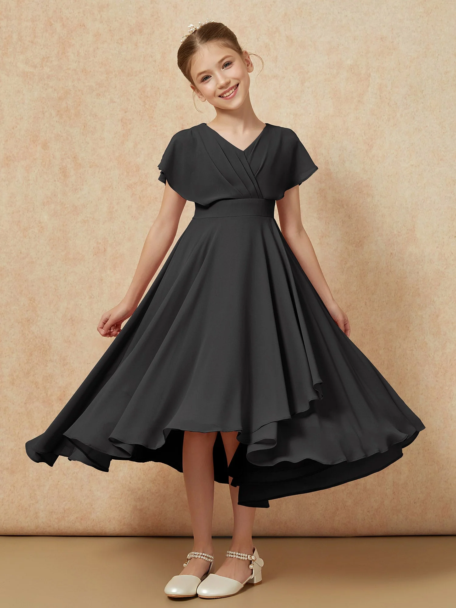V-Ausschnitt Chiffon Asymmetrisch Junge Brautjungfernkleider Schwarz