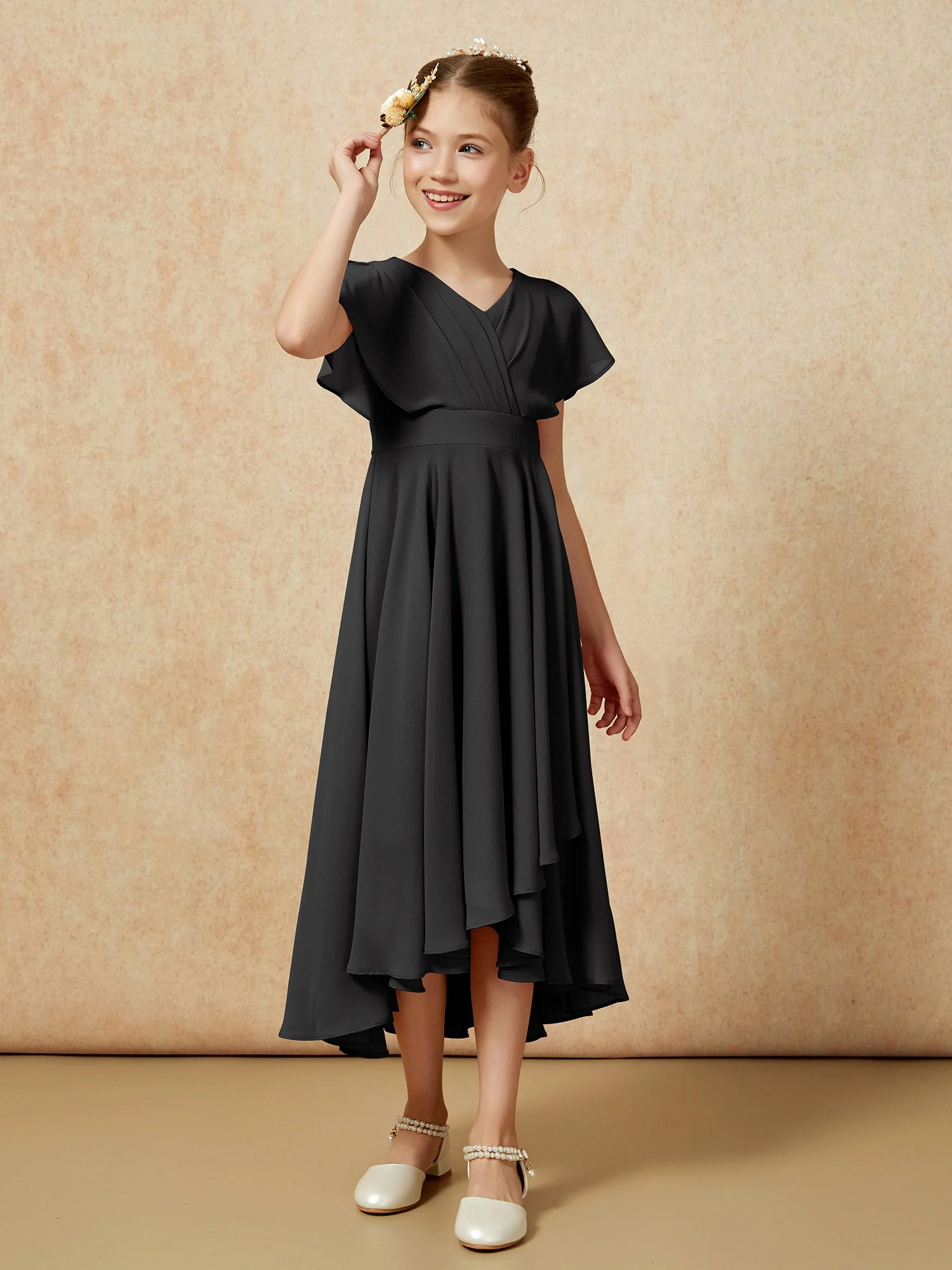 V-Ausschnitt Chiffon Asymmetrisch Junge Brautjungfernkleider Schwarz - Image 3