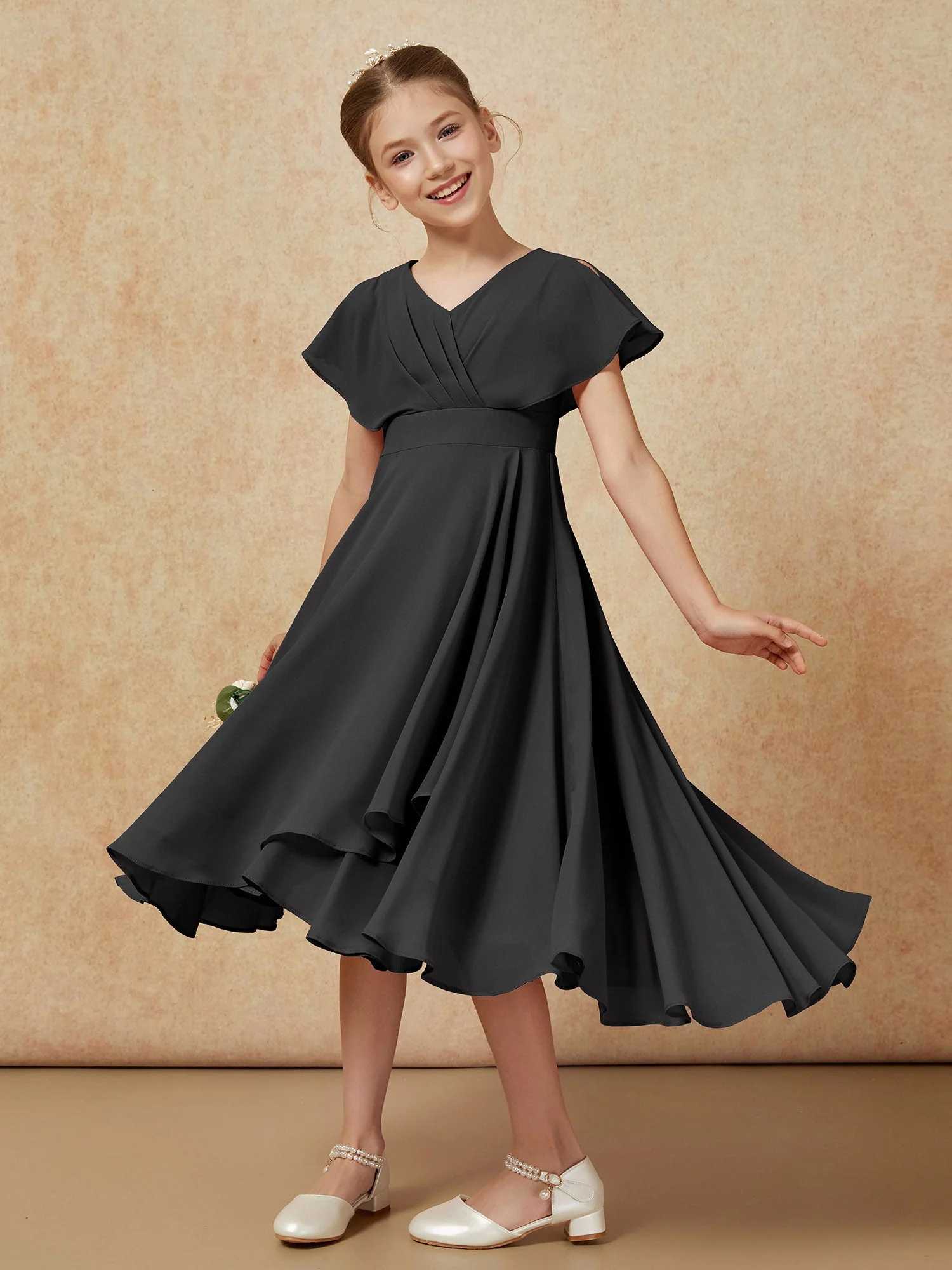 V-Ausschnitt Chiffon Asymmetrisch Junge Brautjungfernkleider Schwarz - Image 4