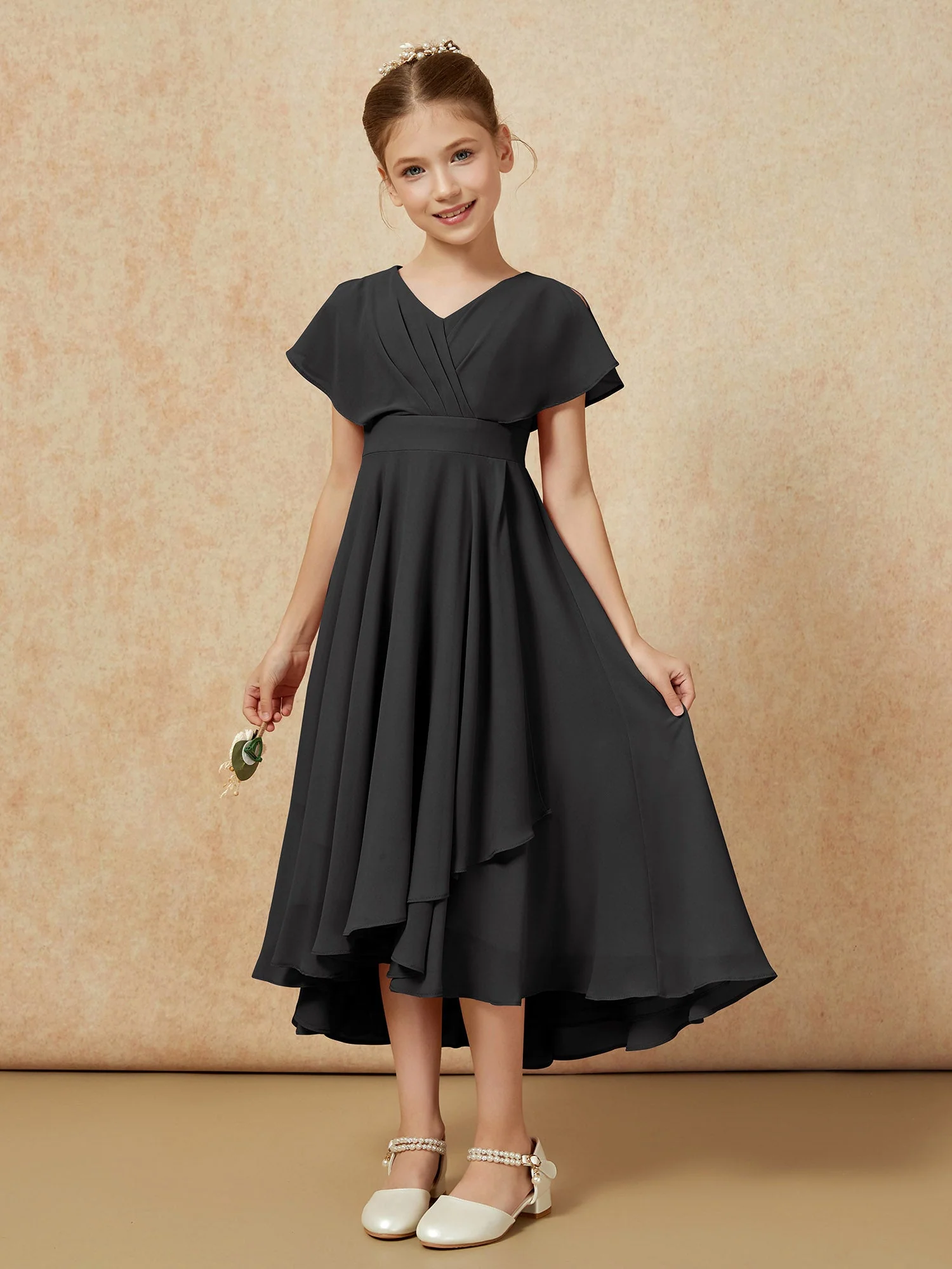 V-Ausschnitt Chiffon Asymmetrisch Junge Brautjungfernkleider Schwarz - Image 5