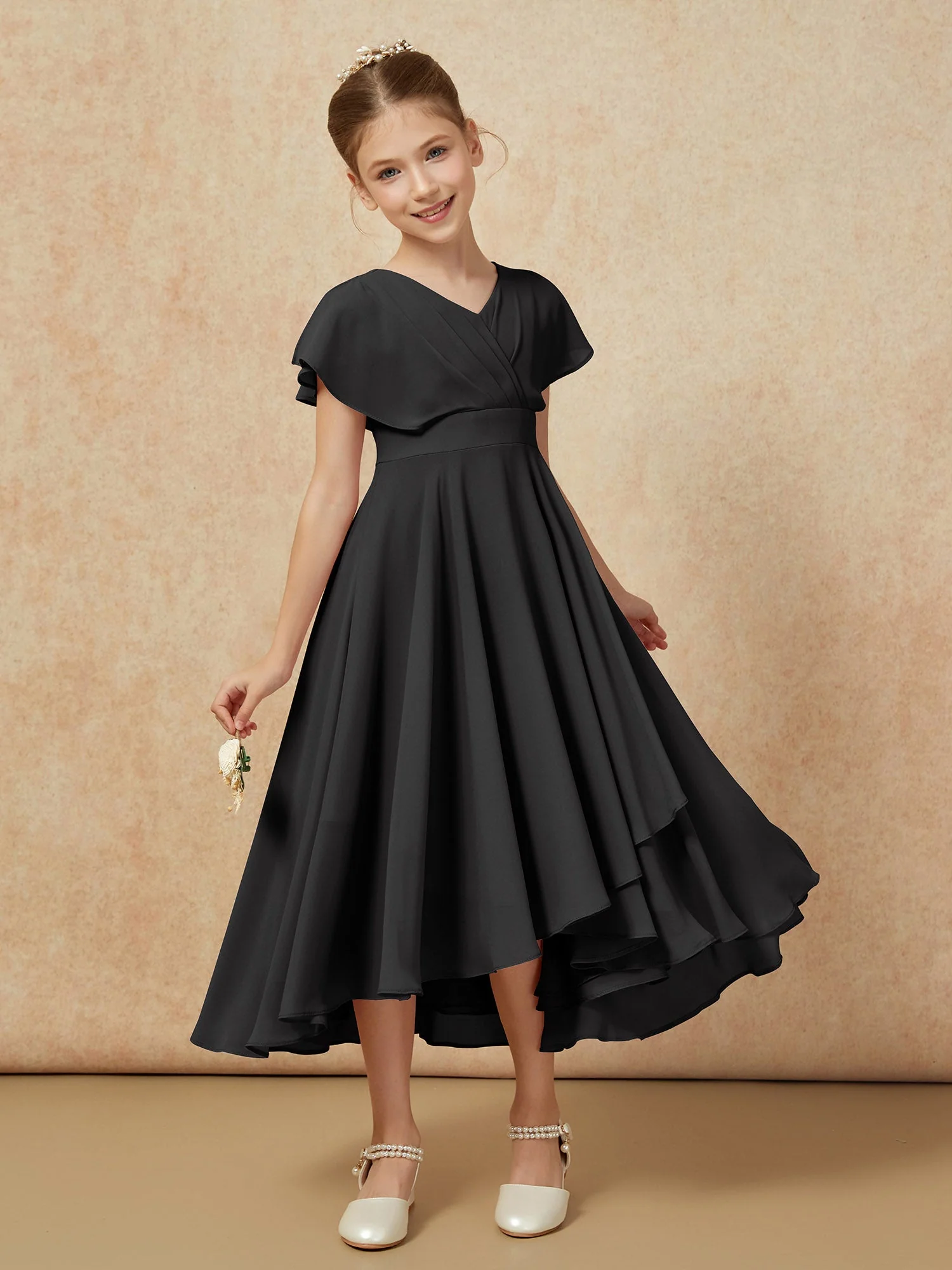 V-Ausschnitt Chiffon Asymmetrisch Junge Brautjungfernkleider Schwarz - Image 6