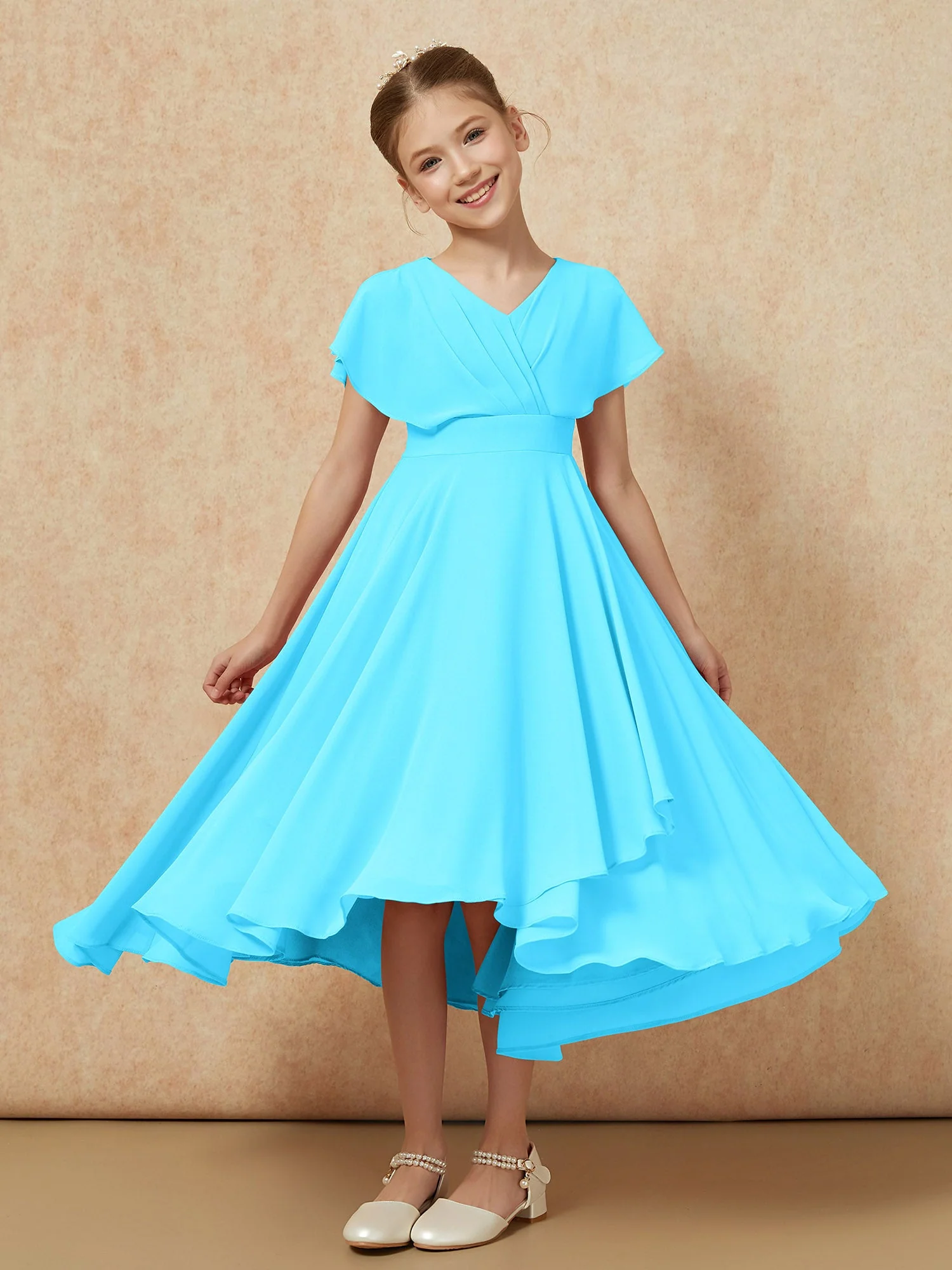 V-Ausschnitt Chiffon Asymmetrisch Junge Brautjungfernkleider Schwimmbadblau