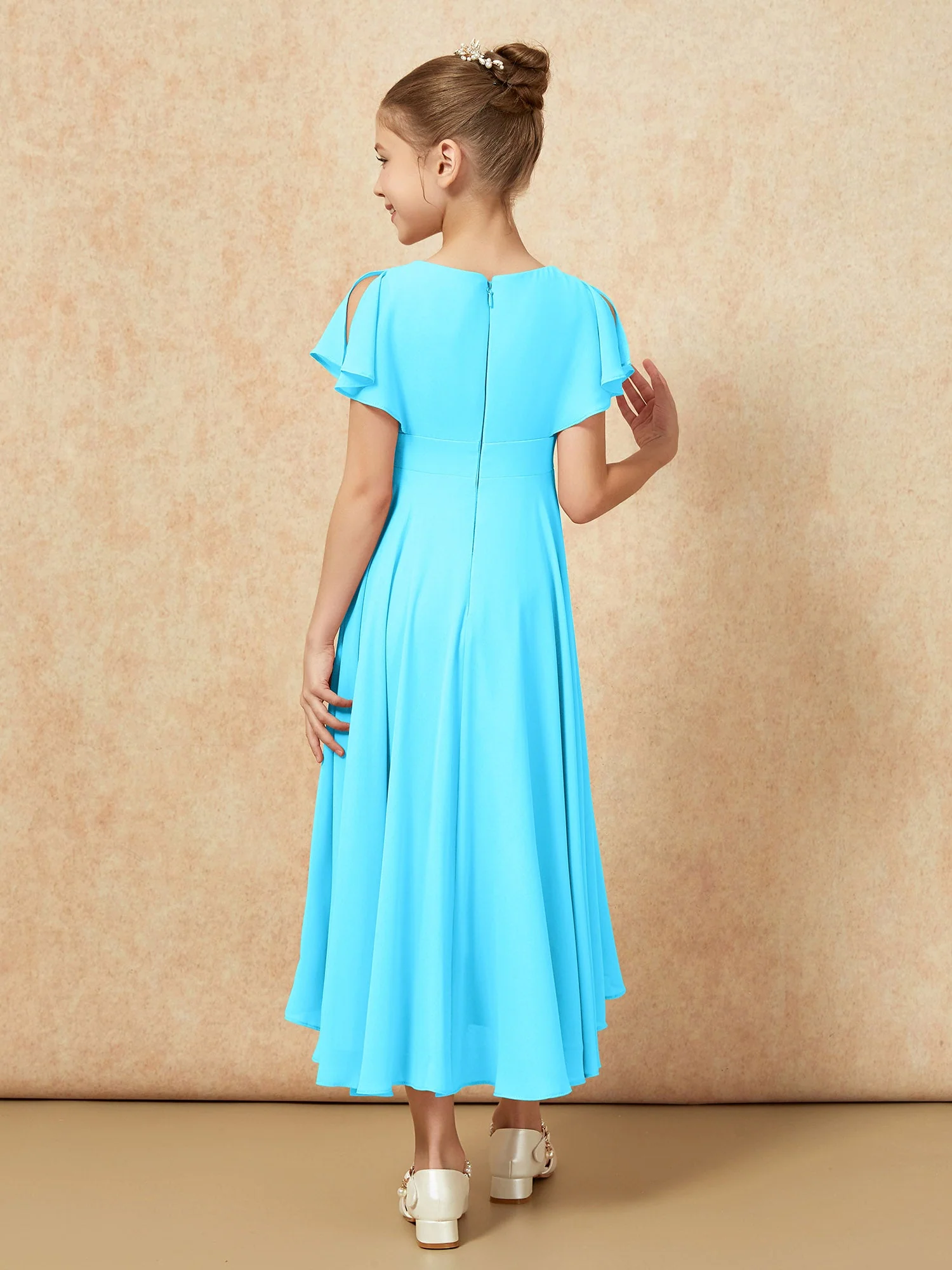 V-Ausschnitt Chiffon Asymmetrisch Junge Brautjungfernkleider Schwimmbadblau - Image 2