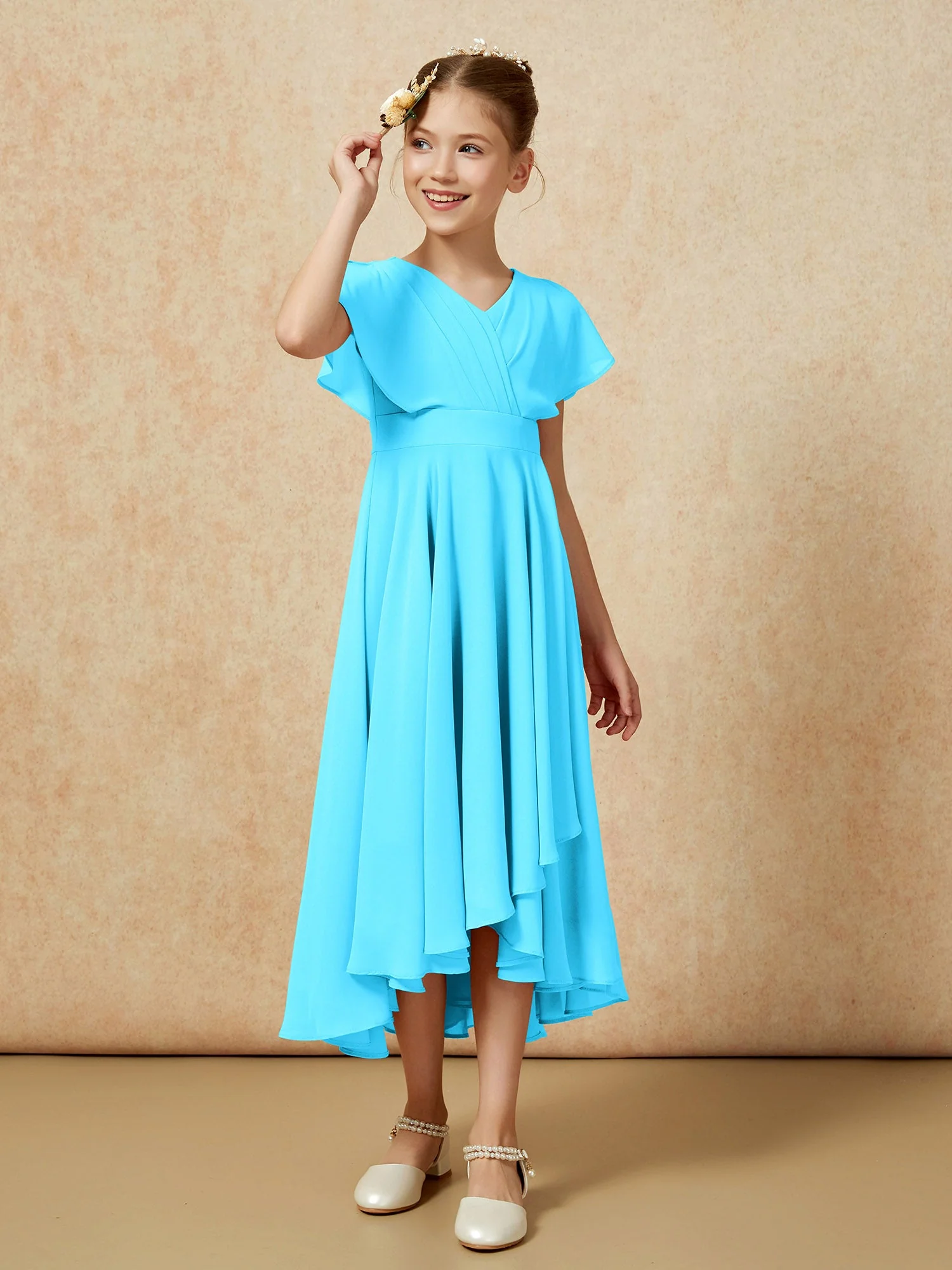 V-Ausschnitt Chiffon Asymmetrisch Junge Brautjungfernkleider Schwimmbadblau - Image 3