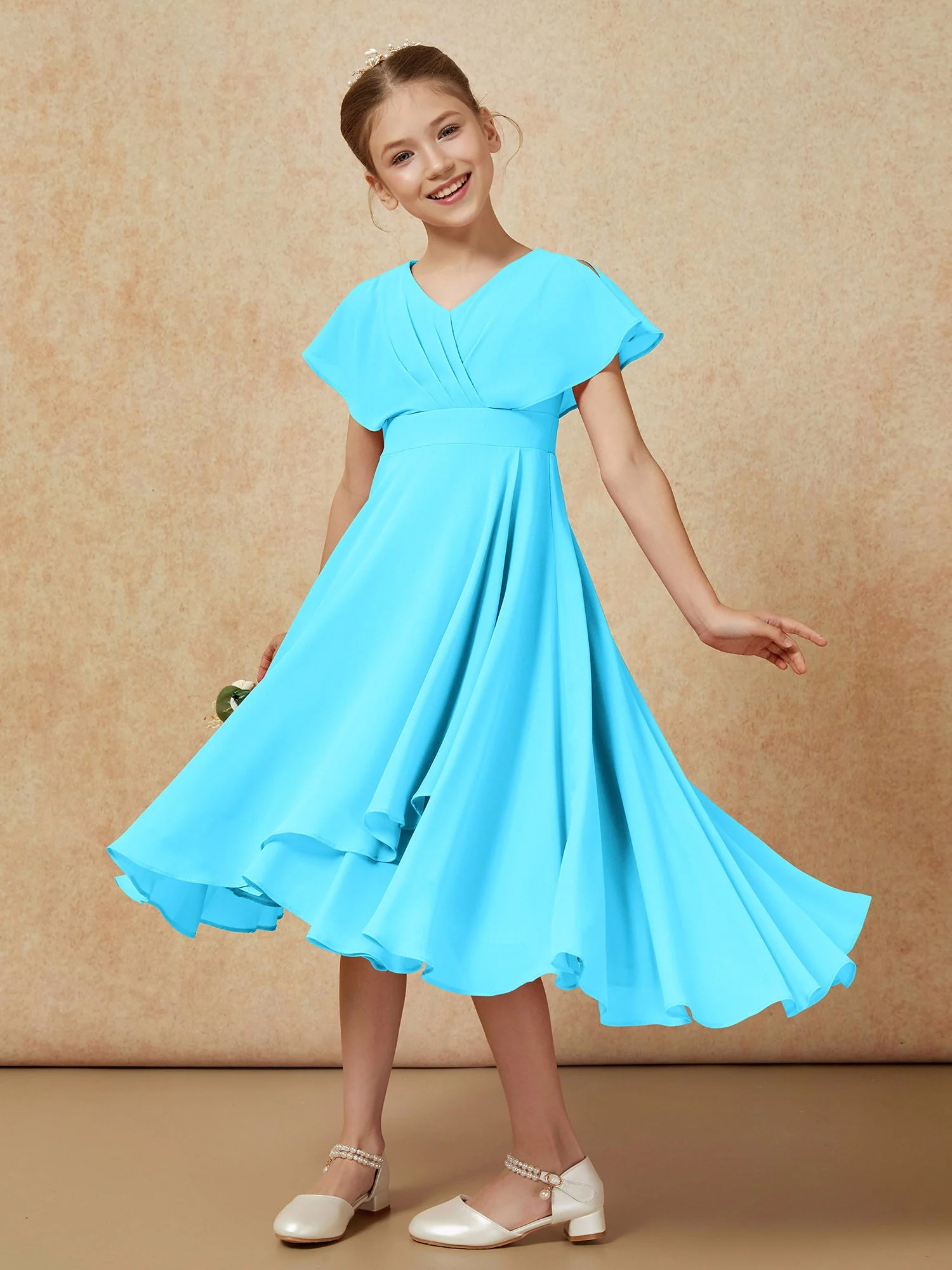 V-Ausschnitt Chiffon Asymmetrisch Junge Brautjungfernkleider Schwimmbadblau - Image 4