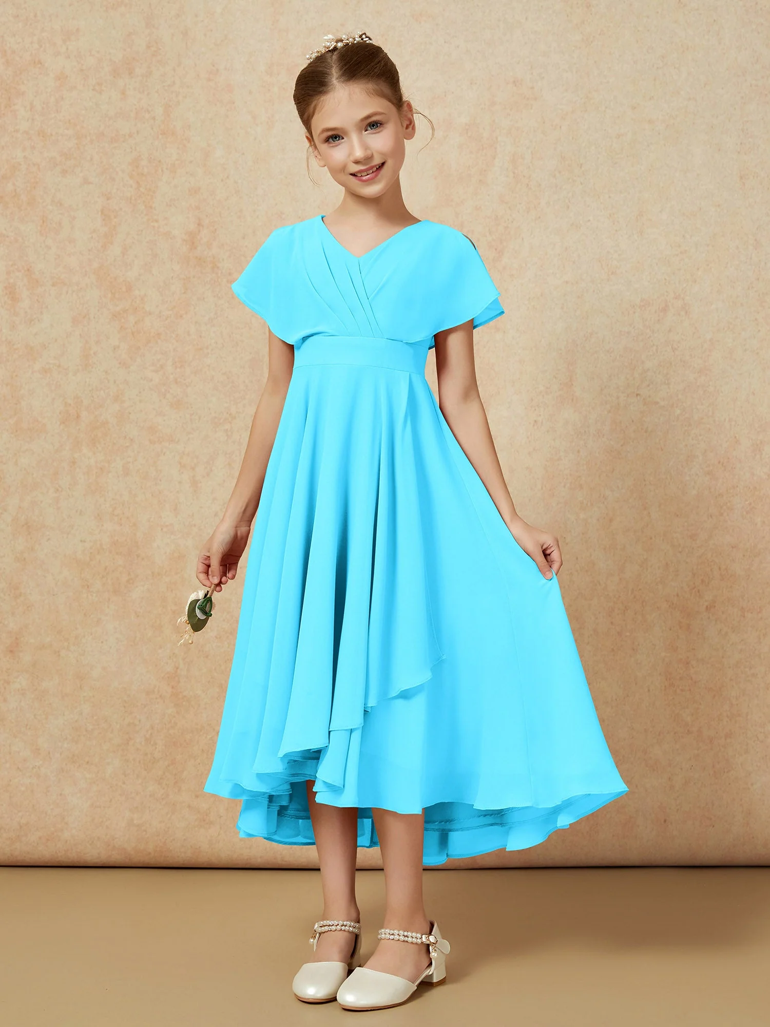 V-Ausschnitt Chiffon Asymmetrisch Junge Brautjungfernkleider Schwimmbadblau - Image 5