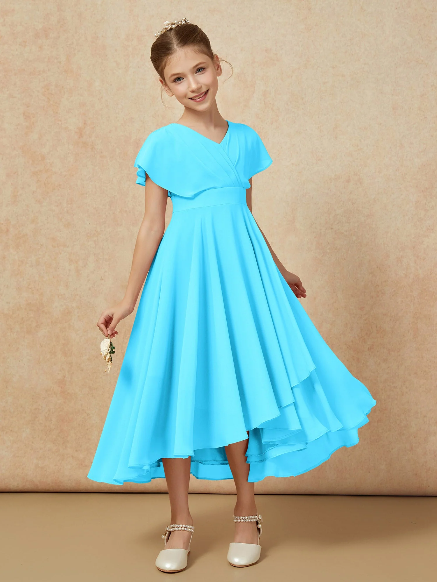 V-Ausschnitt Chiffon Asymmetrisch Junge Brautjungfernkleider Schwimmbadblau - Image 6